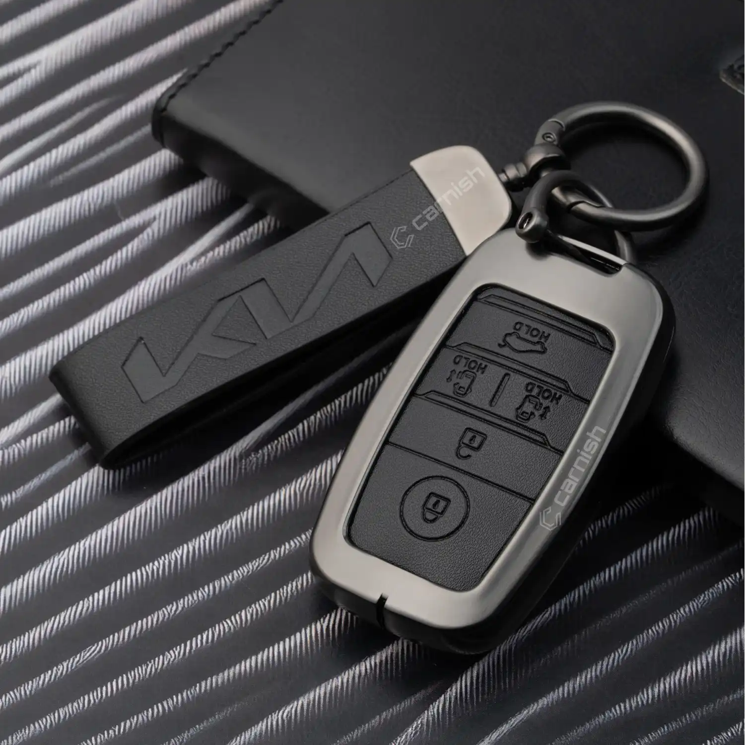 Metal Leather Black Key Cover For Kia: Seltos, Sonet, Carens, Carnival 5 button Smart Key