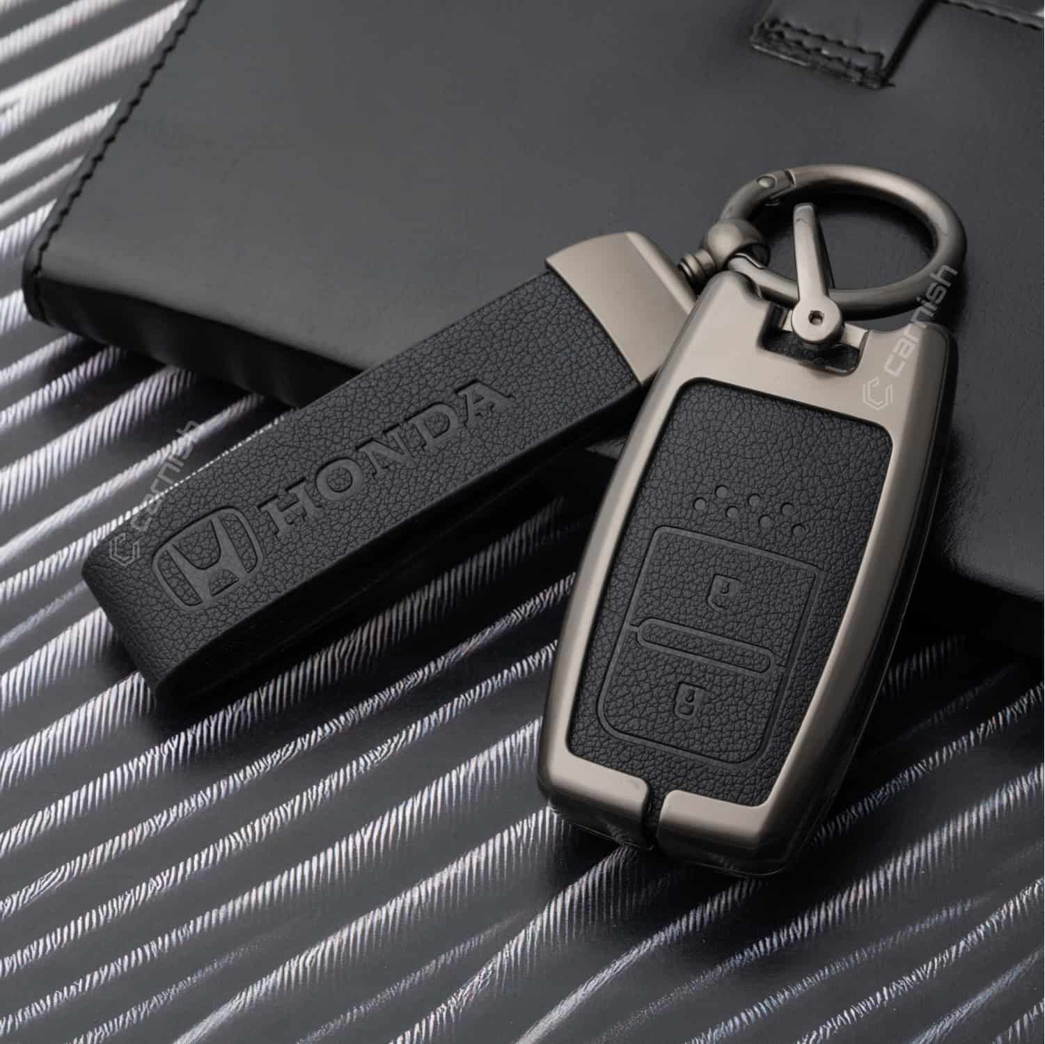 Metal Leather Black Key Cover For Honda: Elevate, City, Jazz, Amaze 2 button smart key
