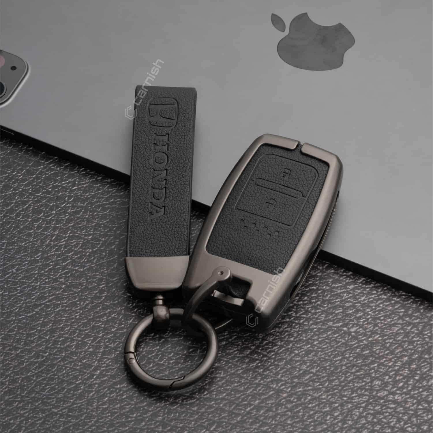 Metal Leather Black Key Cover For Honda: Elevate, City, Jazz, Amaze 2 button smart key