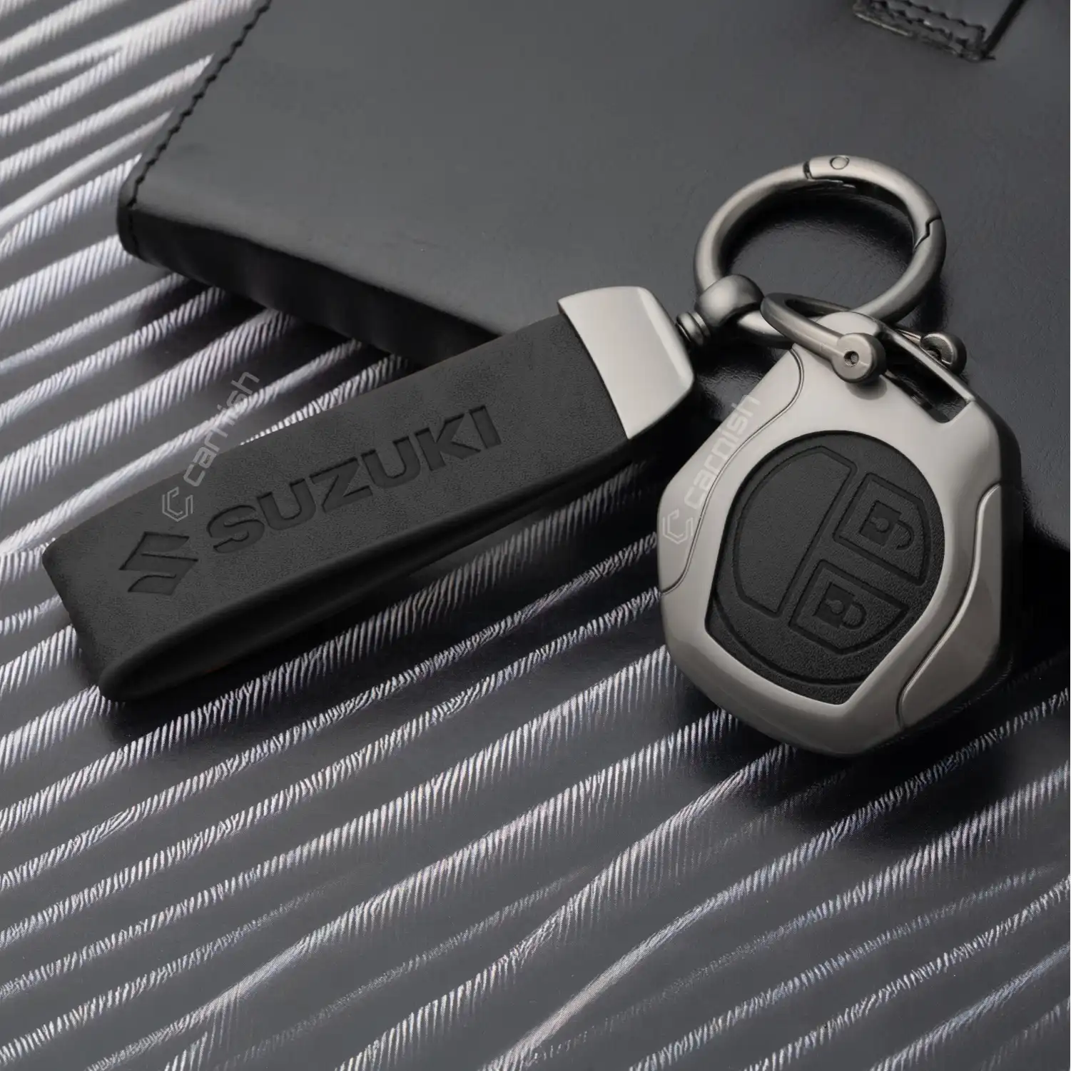 Metal Leather Black Key Cover for Maruti Suzuki: Swift, Dzire, WagonR, Brezza, Grand Vitara, Fronx, Jimny, XL6, Ignis, Ertiga, Baleno, Vitara Brezza, Celerio, Alto, Ciaz, S-Cross – 2 Button Remote Key