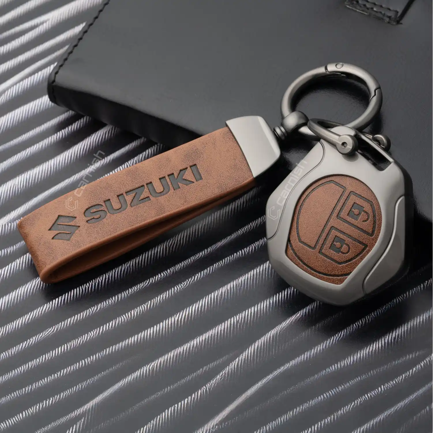 Metal Leather Brown Key Cover for Maruti Suzuki: Swift, Dzire, WagonR, Brezza, Grand Vitara, Fronx, Jimny, XL6, Ignis, Ertiga, Baleno, Vitara Brezza, Celerio, Alto, Ciaz, S-Cross – 2 Button Remote Key