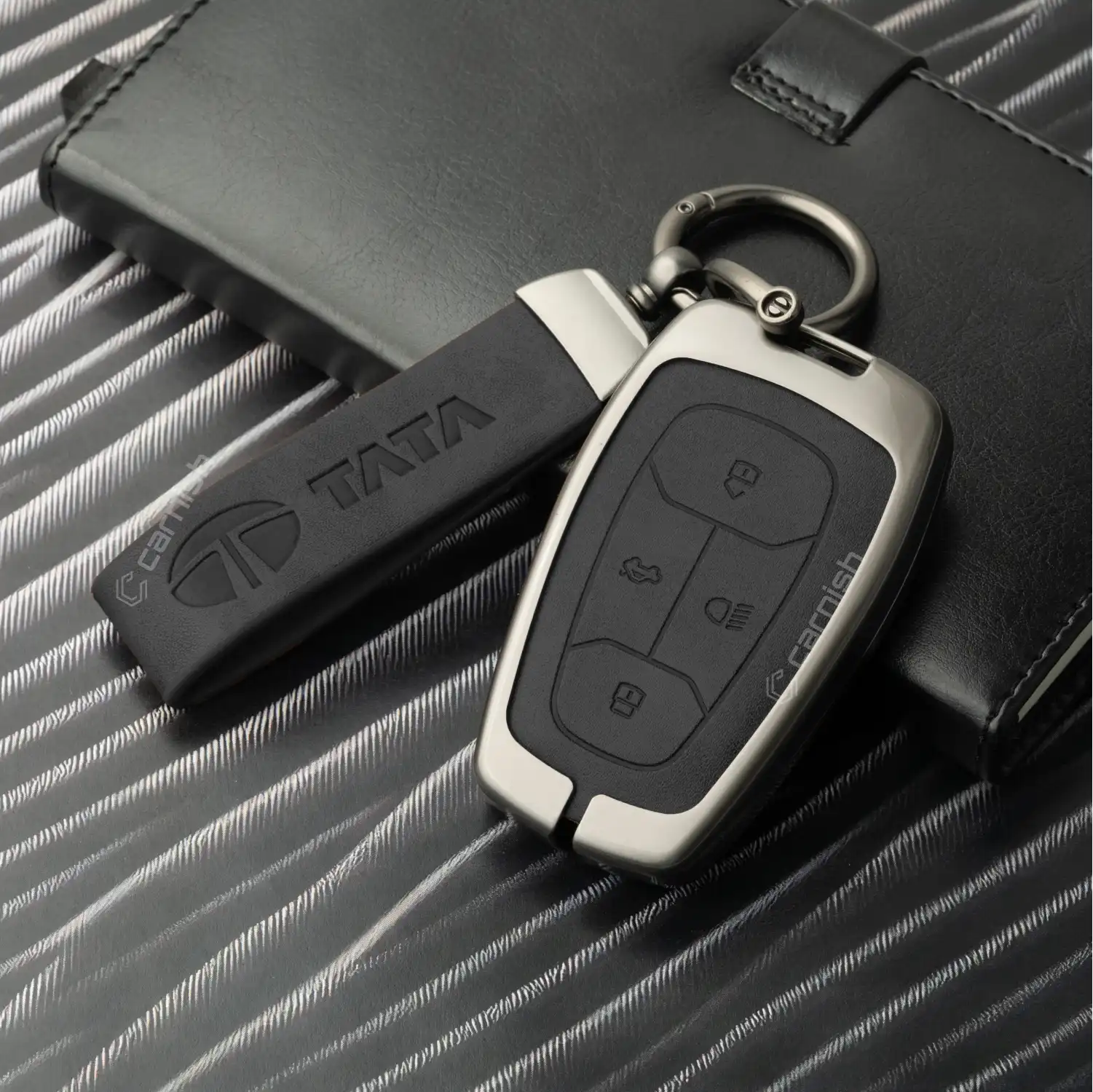 Metal Leather Black Car Key Cover For Tata: Nexon, Harrier, Tigor BS6, Tigor EV, Safari 2021, Altroz, Safari Gold, Gravitas, Punch 4 button smart key
