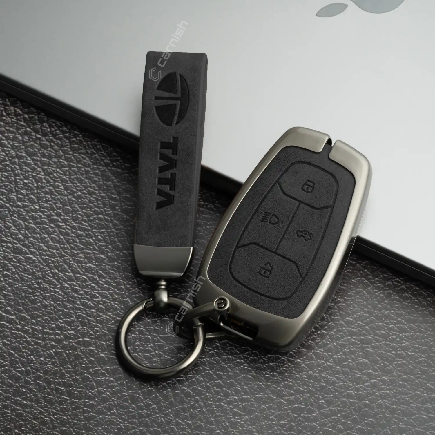 Metal Leather Black Car Key Cover For Tata: Nexon, Harrier, Tigor BS6, Tigor EV, Safari 2021, Altroz, Safari Gold, Gravitas, Punch 4 button smart key