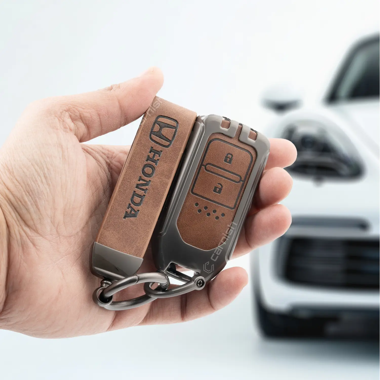 Metal Leather Brown Key Cover For Honda: Elevate, City, Jazz, Amaze 2 button smart key - HON4 MTL BROWN 2