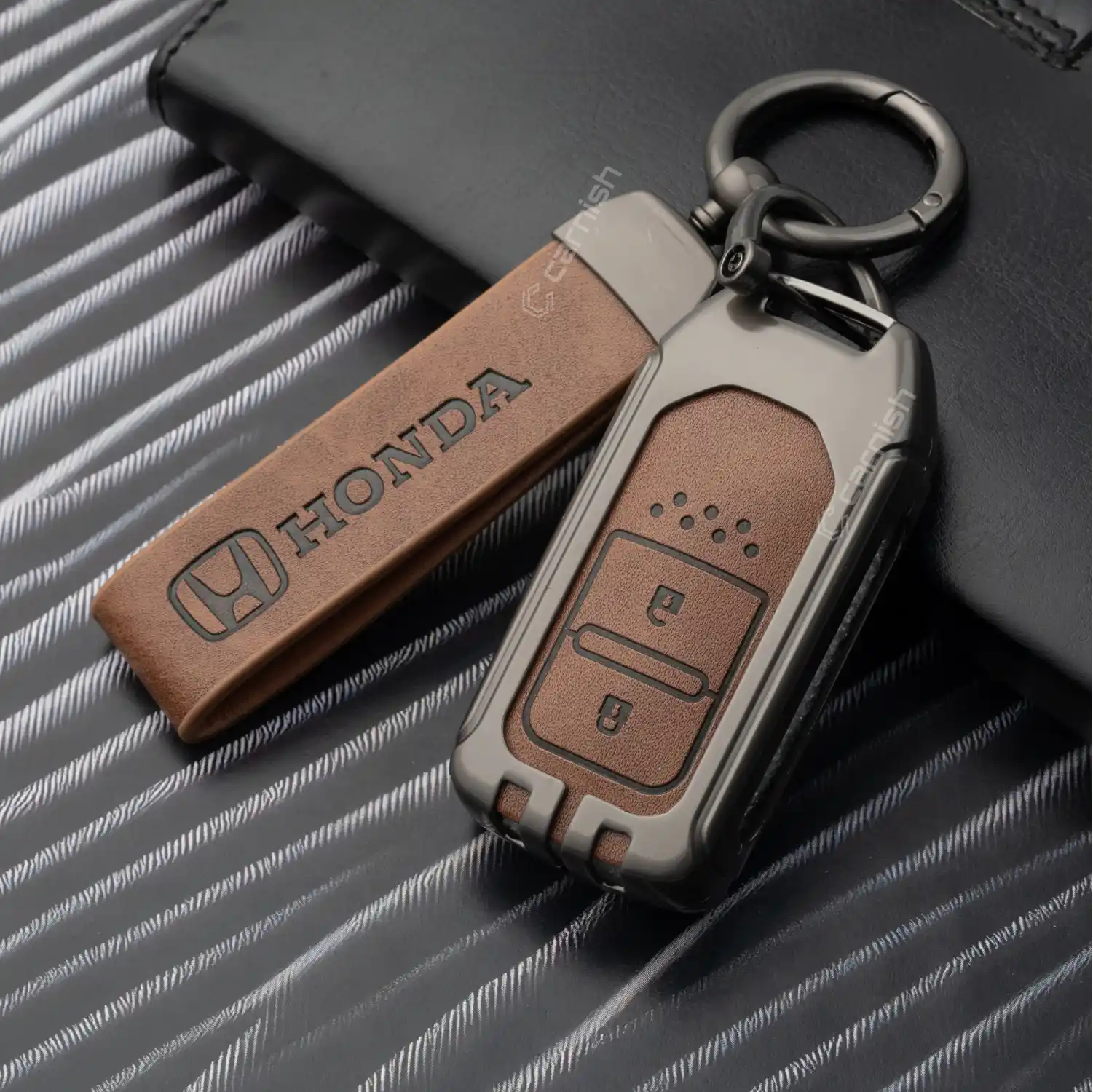 Metal Leather Brown Key Cover For Honda: Elevate, City, Jazz, Amaze 2 button smart key - HON4 MTL BROWN 4