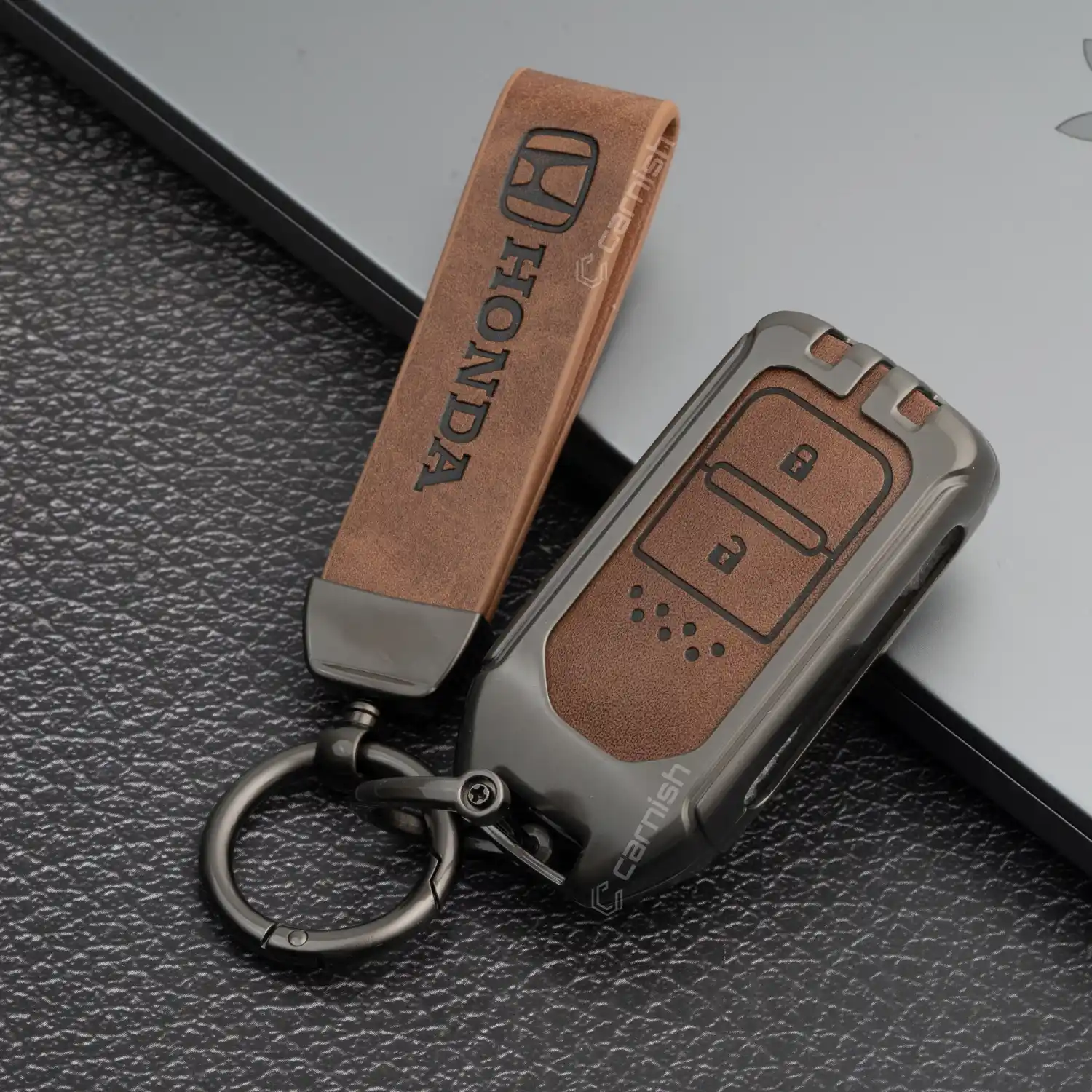 Metal Leather Brown Key Cover For Honda: Elevate, City, Jazz, Amaze 2 button smart key - HON4 MTL BROWN 5