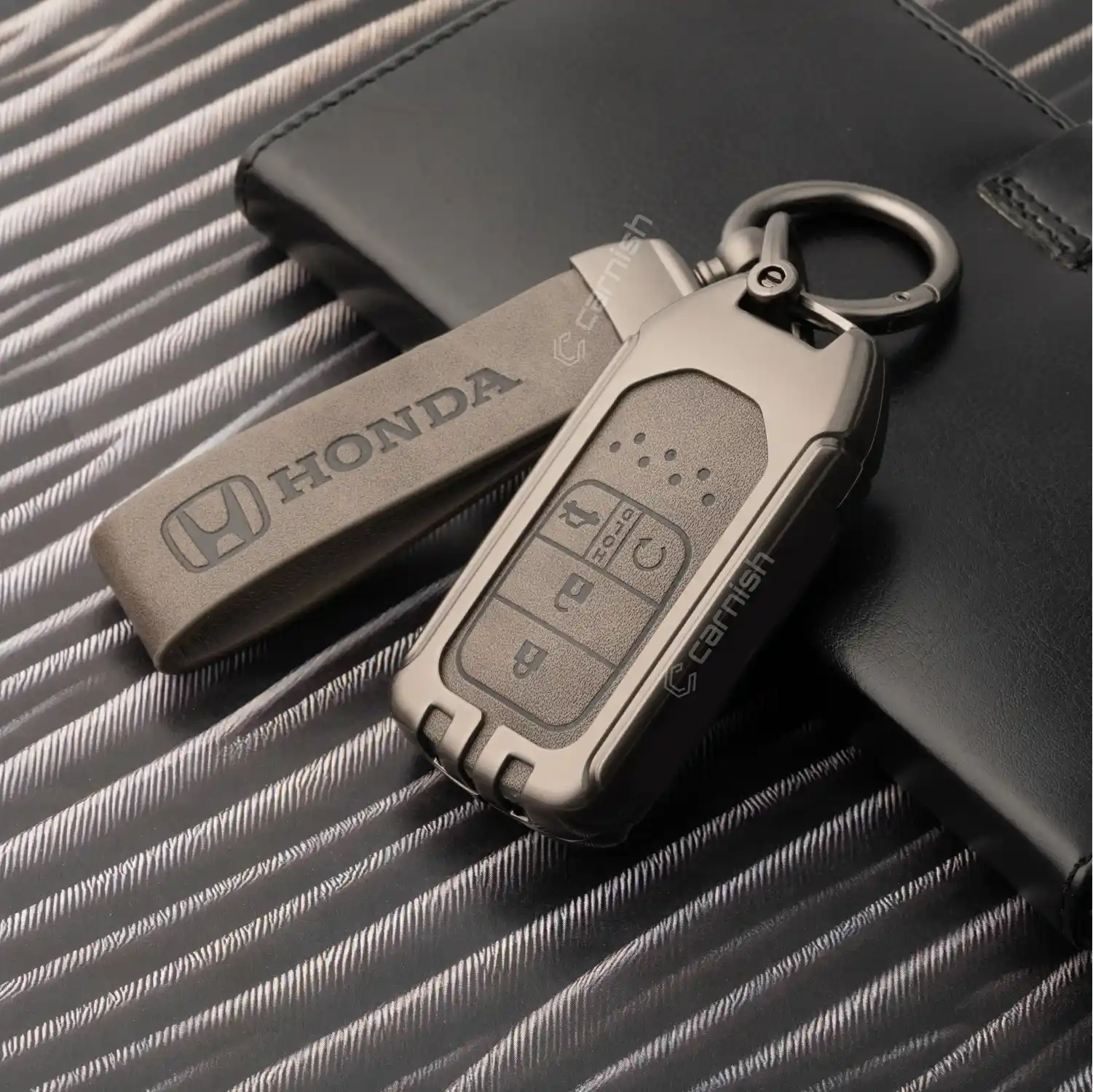 Metal Leather Grey Car Key Cover For Honda: City, Civic, WR-V 4 button smart key