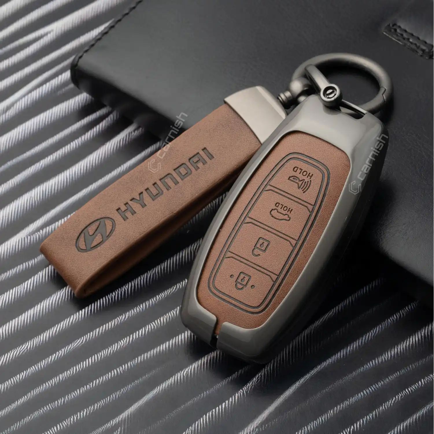 Metal Leather Brown Key Cover For Hyundai: Verna 2020 4 button smart key - HY10 MTL BROWN 4