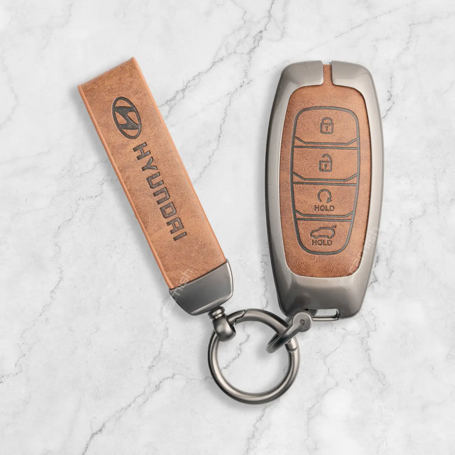Metal Leather Brown Key Cover For Hyundai: i20, Verna 2023 onwards 4 button smart key
