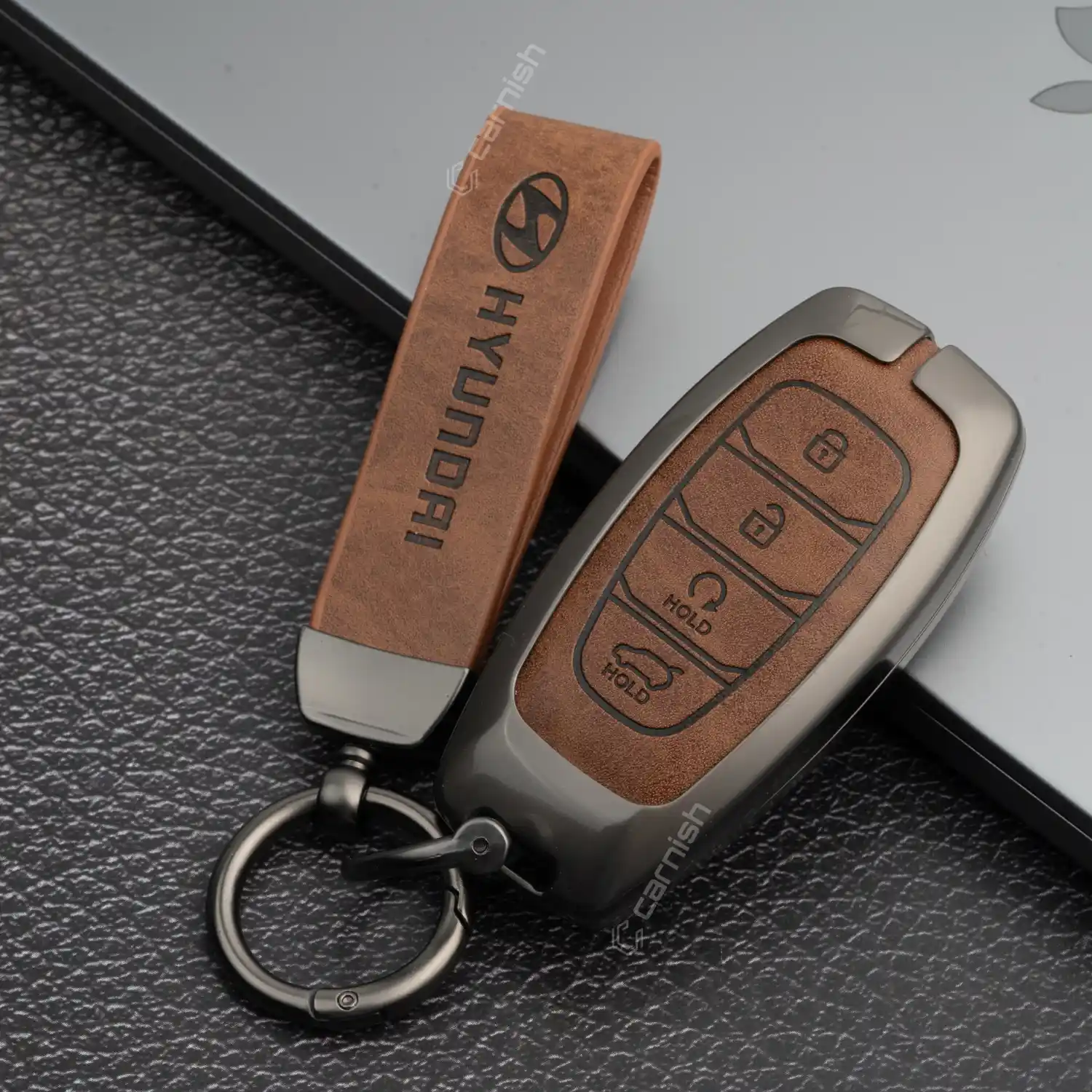 Metal Leather Brown Key Cover For Hyundai: i20, Verna 2023 onwards 4 button smart key