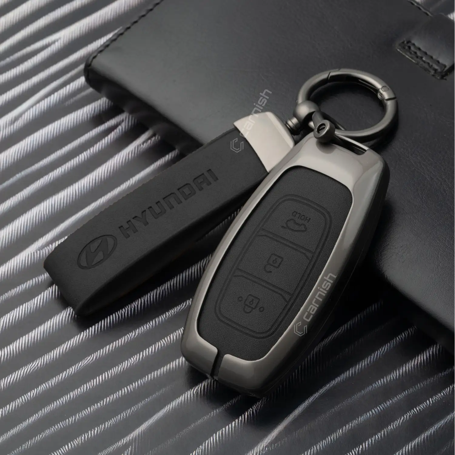 Metal Leather Black Key Cover For Hyundai: i20, Kona, Verna 2018 onwards 3 button smart key