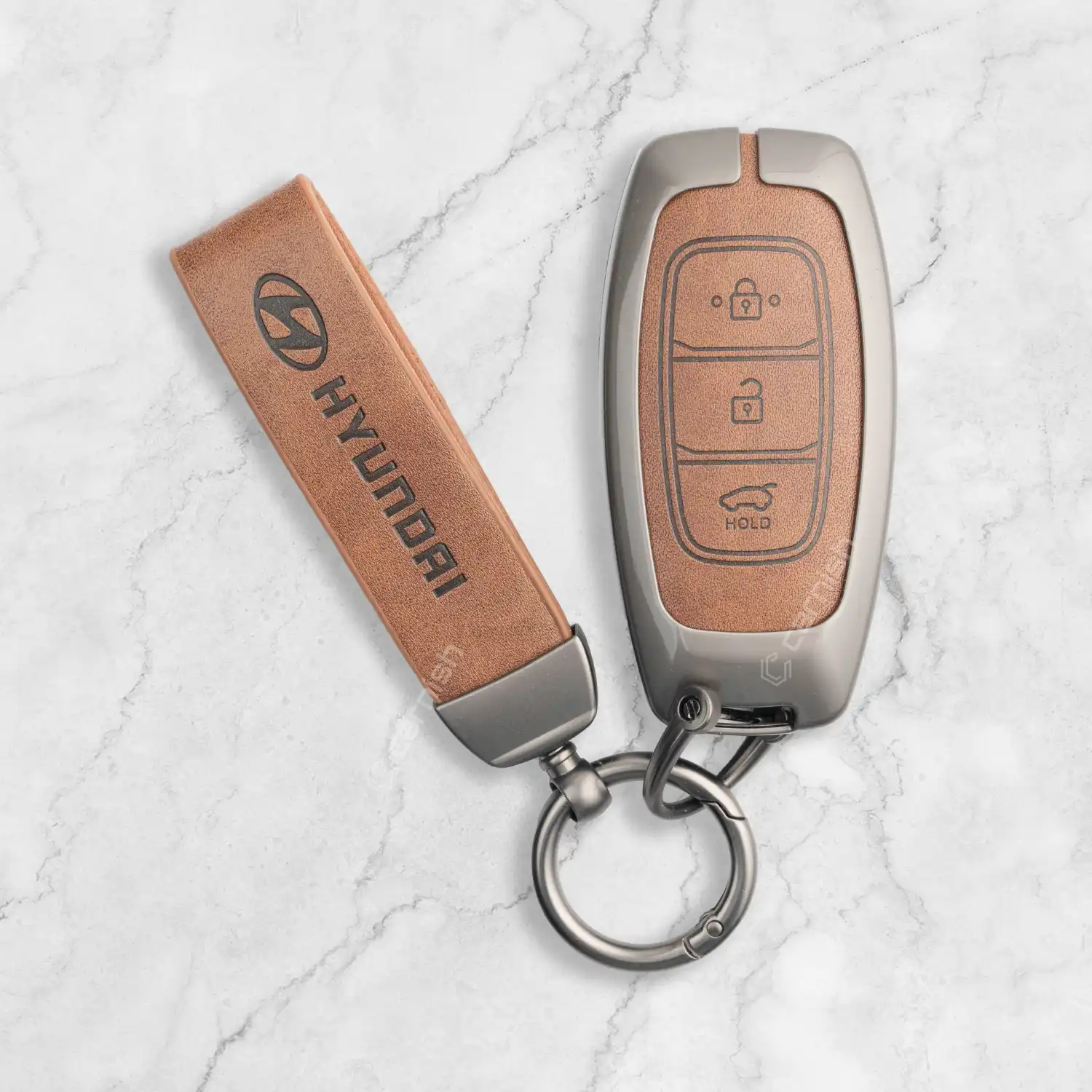 Metal Leather Brown Key Cover Hyundai : i20, Kona, Verna 2018 onwards 3 button smart key