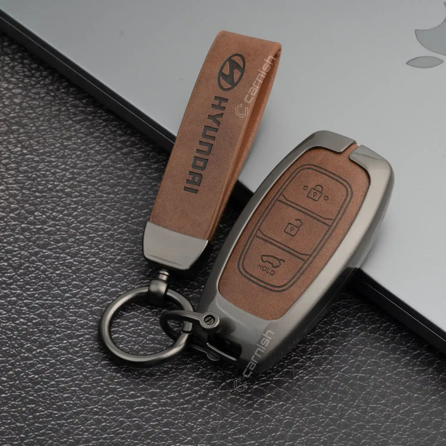 Metal Leather Brown Key Cover Hyundai : i20, Kona, Verna 2018 onwards 3 button smart key