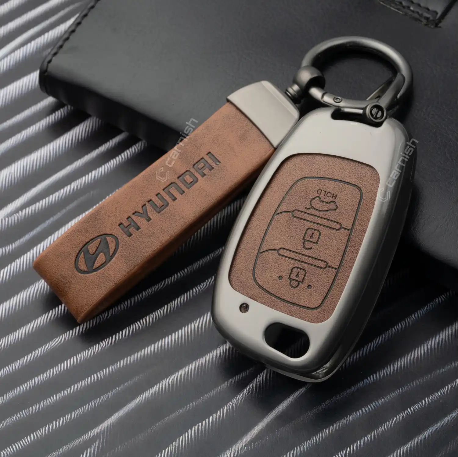 Metal Leather Brown Key Cover For Hyundai : Creta, Venue, Tucson, Alcazar, I20, Grand i10, Aura, Xcent, Exter 3 button flip key