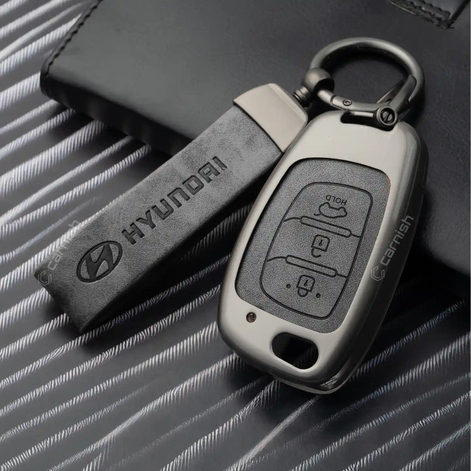 Metal Leather Grey Key Cover For Hyundai: Creta, Venue, Tucson, Alcazar, I20, Grand i10, Aura, Xcent, Exter 3 button flip key