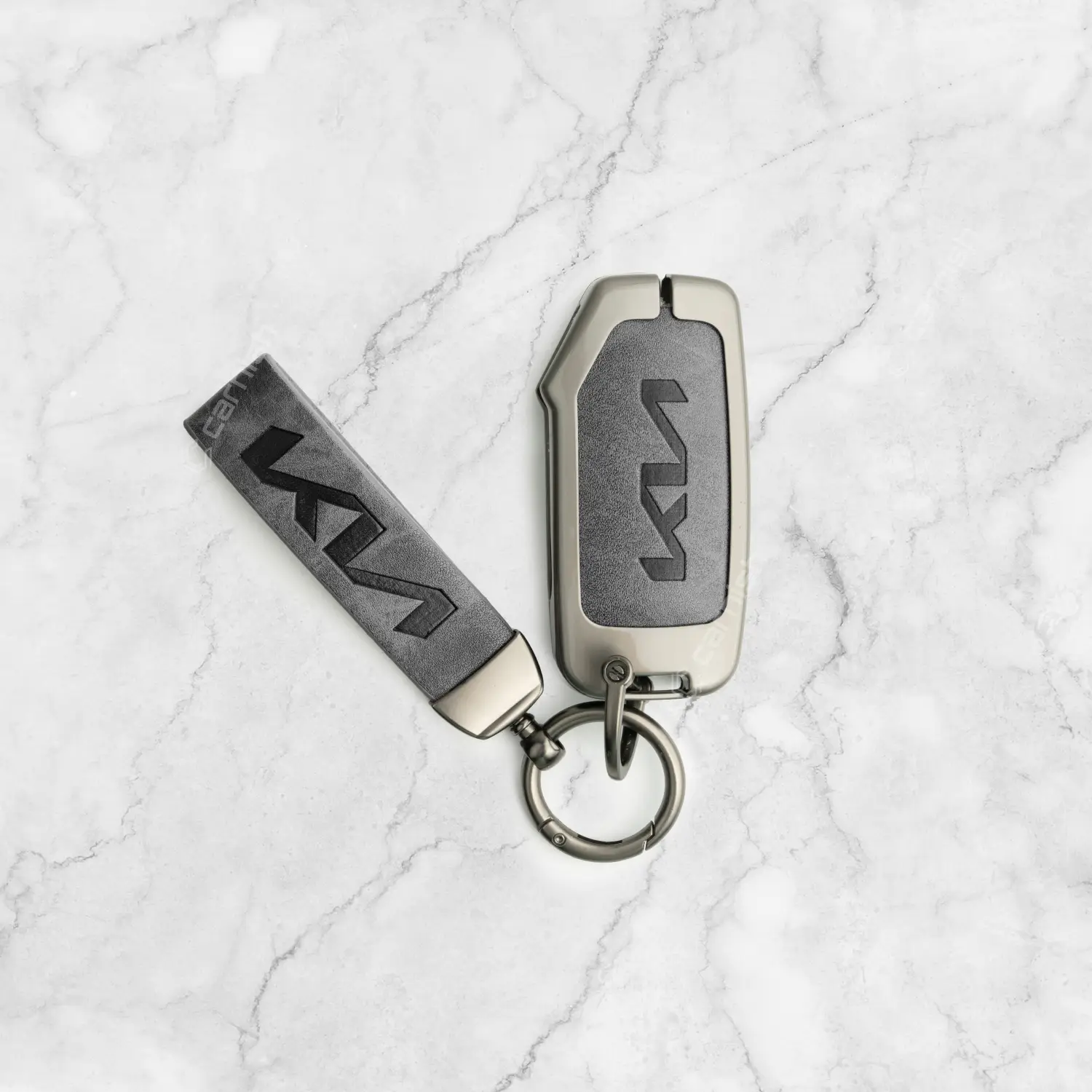Metal Leather Grey Key Cover For Kia: Seltos, Sonet 2023 facelift 4 button smart key