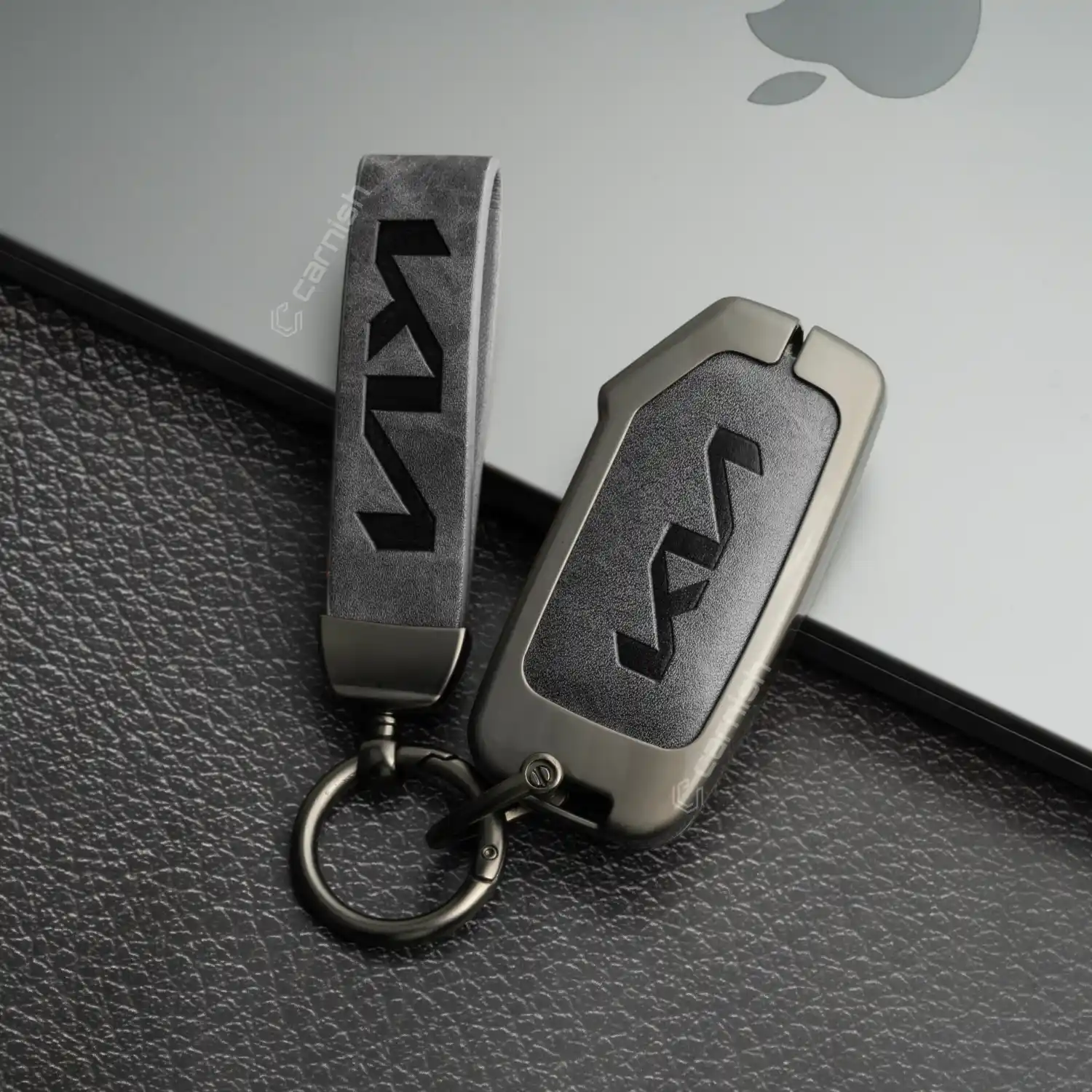 Metal Leather Grey Key Cover For Kia: Seltos, Sonet 2023 facelift 4 button smart key