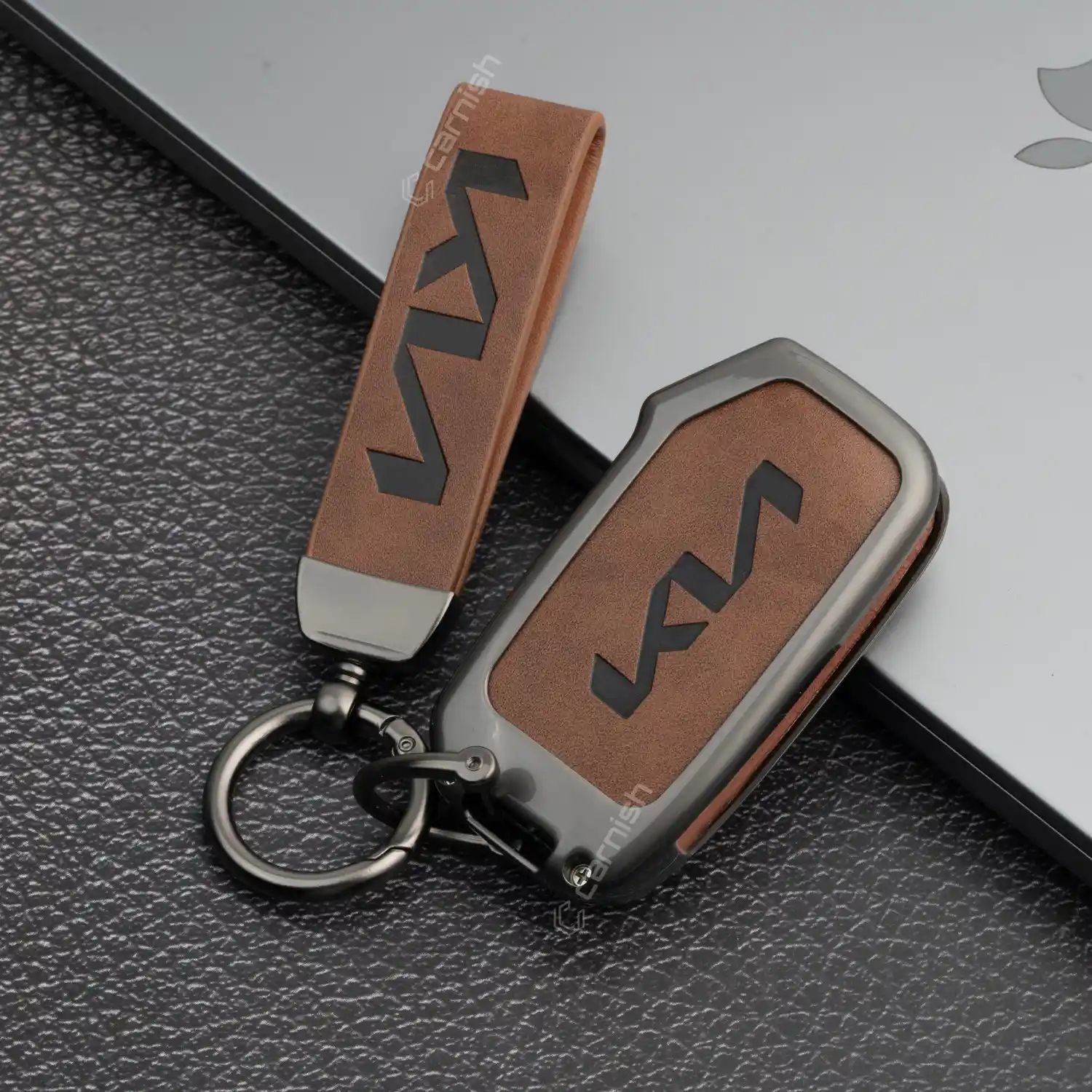 Metal Leather Brown Car Key Cover For Kia: Seltos, Sonet 2023 onwards 3 button flip key