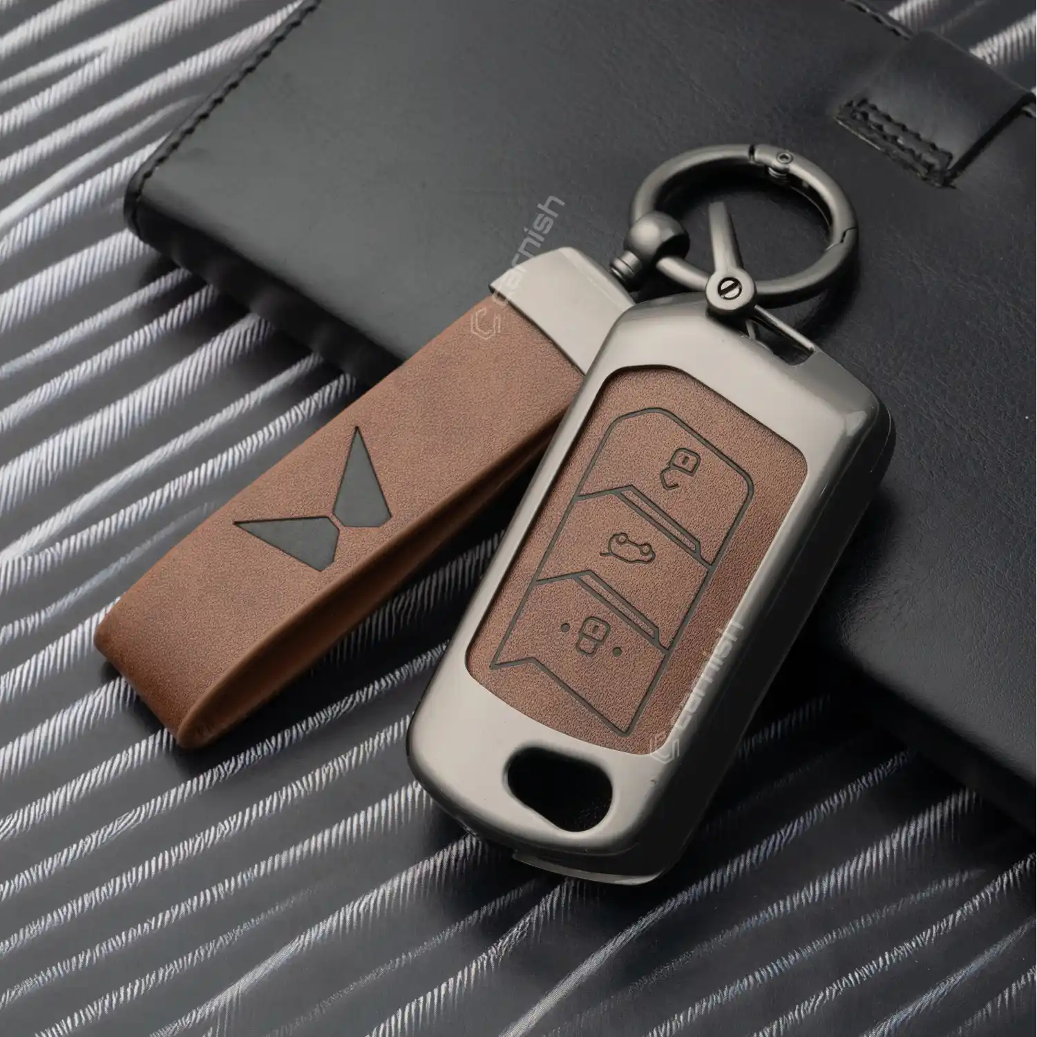 Metal Leather Brown Key Cover For Mahindra: Thar, Bolero, Scorpio, XUV700, XUV400, XUV3x0, XUV300, TUV300, Marazzo 3 button flip key