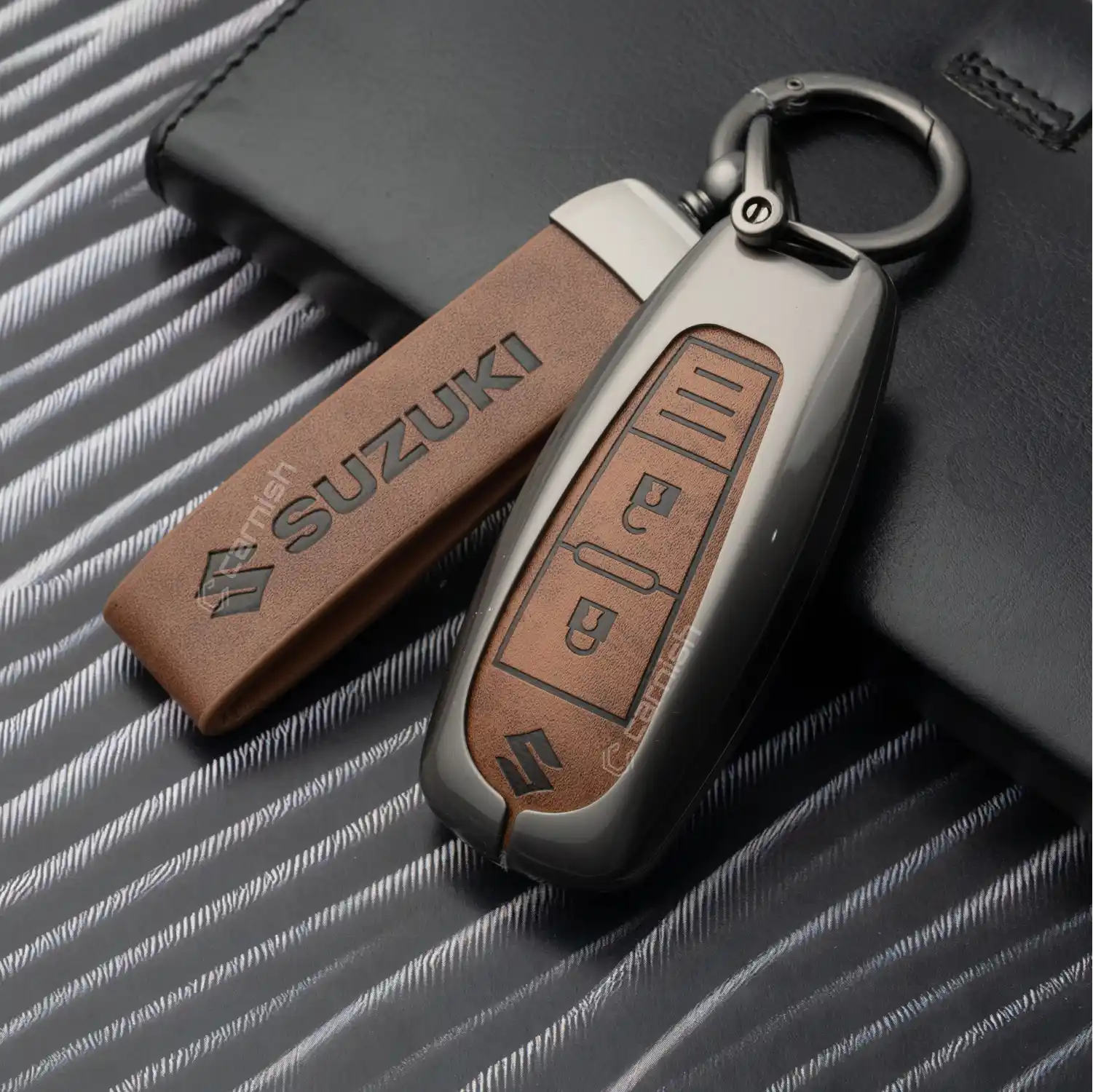 Metal Leather Brown Key Cover for Maruti Suzuki: Baleno, Ciaz, Ignis, S-Cross, Grand Vitara, Brezza 3 Button Smart Key 