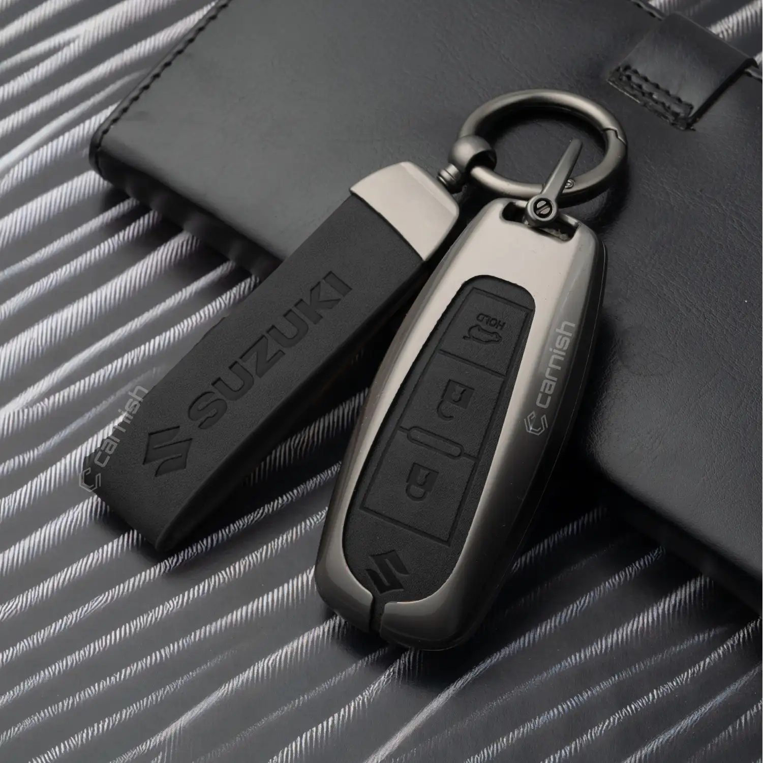 Metal Leather Black Car Key Cover For Maruti Suzuki: Baleno, Ciaz, Grand Vitara, Brezza, S Cross, Swift, Ignis, XL6, Fronx, Jimny, Grand Vitara 3 button Smart Key