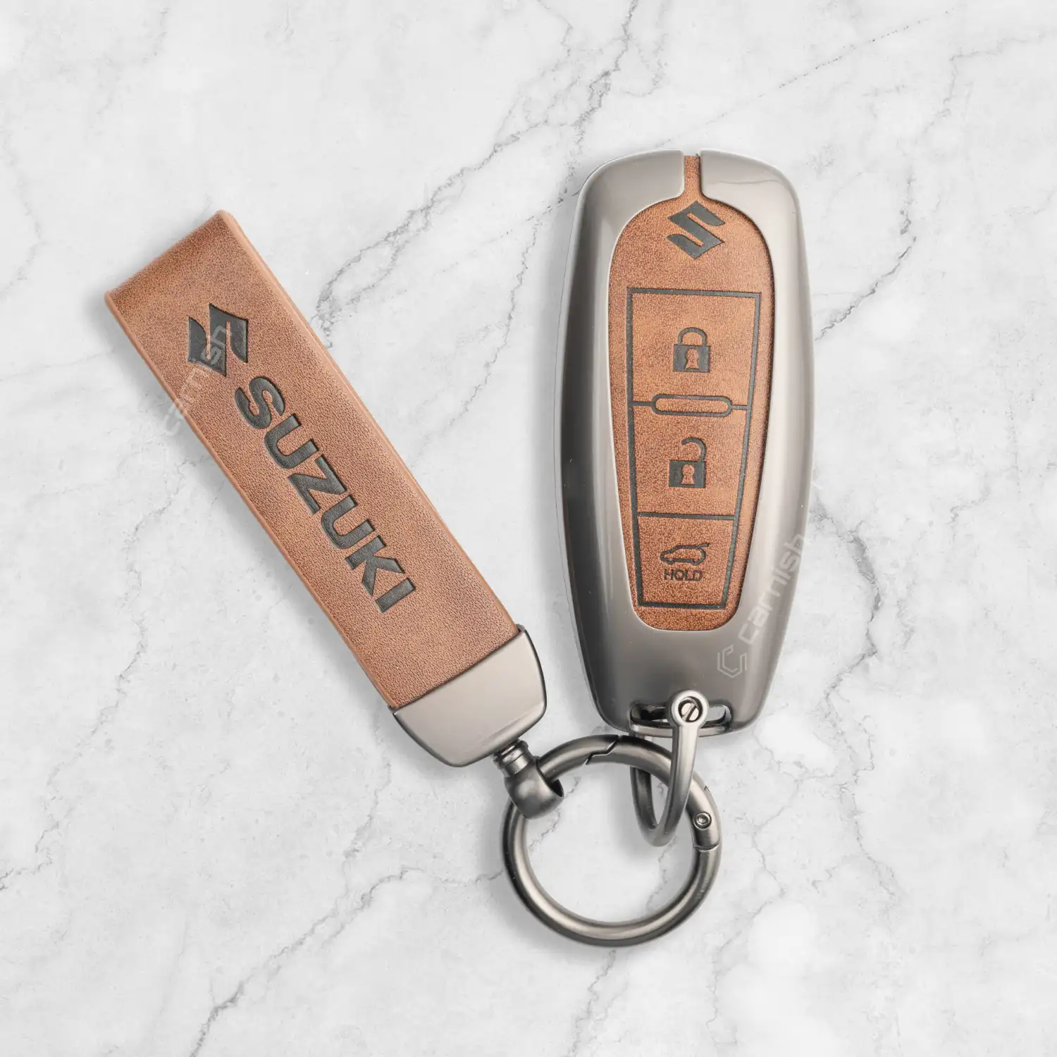 Metal Leather Brown Car Key Cover For Maruti Suzuki: Baleno, Ciaz, Grand Vitara, Brezza, S Cross, Swift, Ignis, XL6, Fronx, Jimny, Grand Vitara 3 button Smart Key