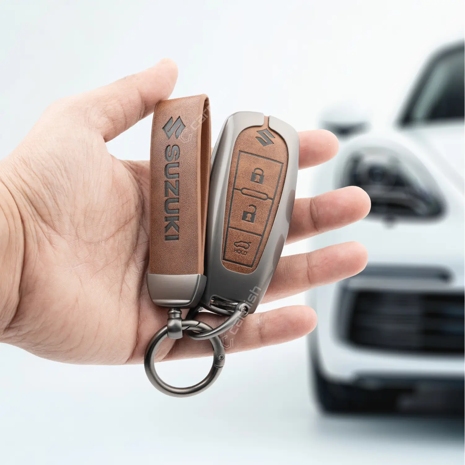 Metal Leather Brown Car Key Cover For Maruti Suzuki: Baleno, Ciaz, Grand Vitara, Brezza, S Cross, Swift, Ignis, XL6, Fronx, Jimny, Grand Vitara 3 button Smart Key