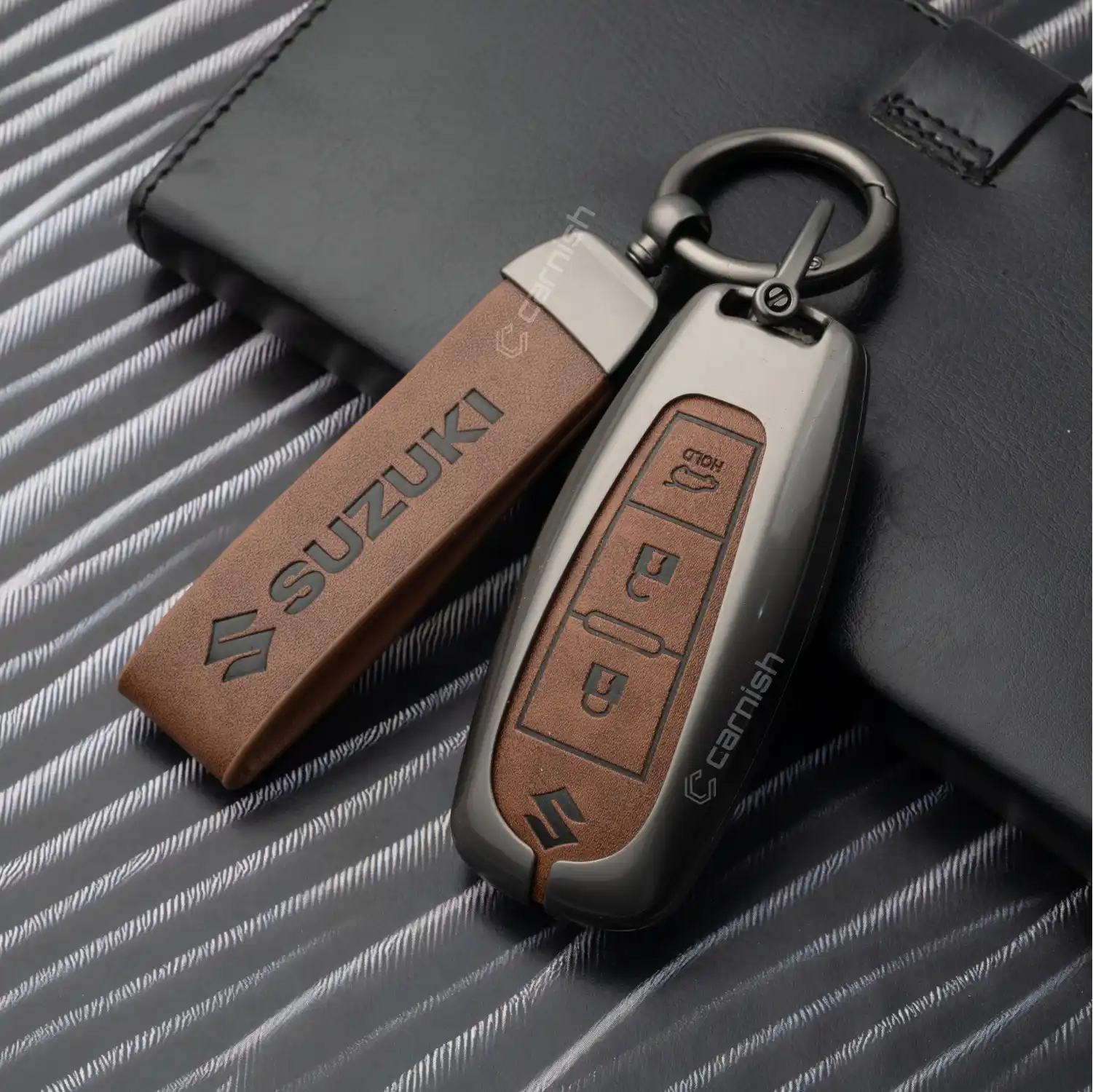 Metal Leather Brown Car Key Cover For Maruti Suzuki: Baleno, Ciaz, Grand Vitara, Brezza, S Cross, Swift, Ignis, XL6, Fronx, Jimny, Grand Vitara 3 button Smart Key