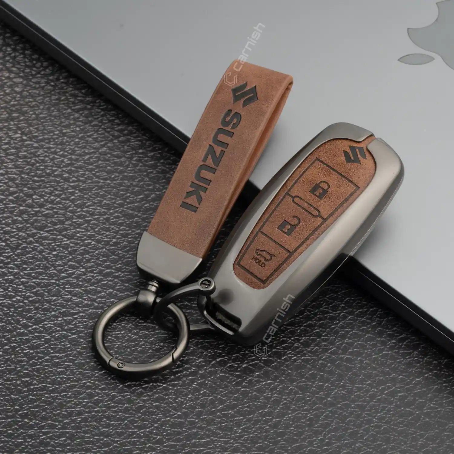 Metal Leather Brown Car Key Cover For Maruti Suzuki: Baleno, Ciaz, Grand Vitara, Brezza, S Cross, Swift, Ignis, XL6, Fronx, Jimny, Grand Vitara 3 button Smart Key