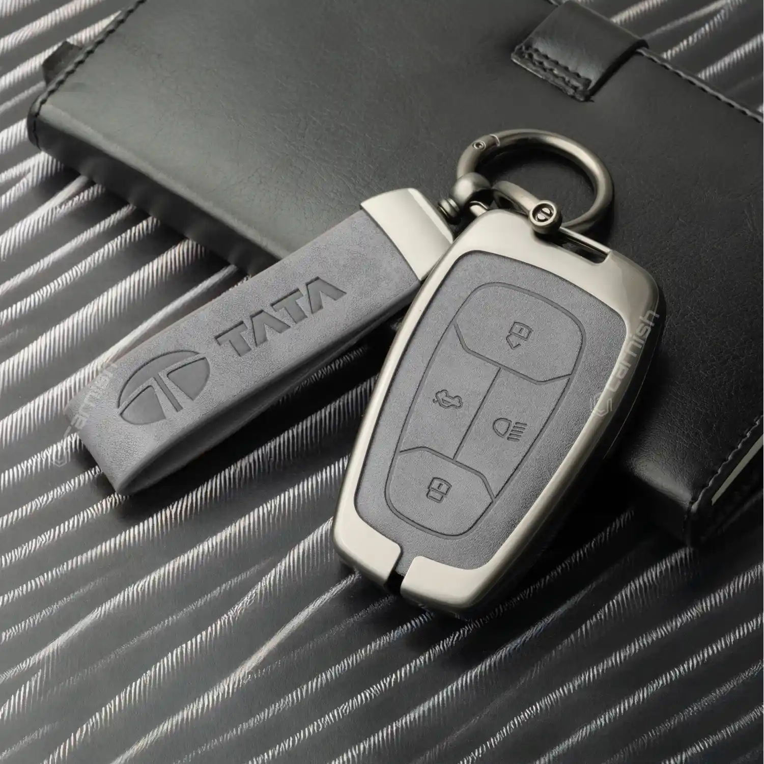 Metal Leather Grey Car Key Cover For Tata: Nexon, Harrier, Tigor BS6, Tigor EV, Safari 2021, Altroz, Safari Gold, Gravitas, Punch 4 button smart key
