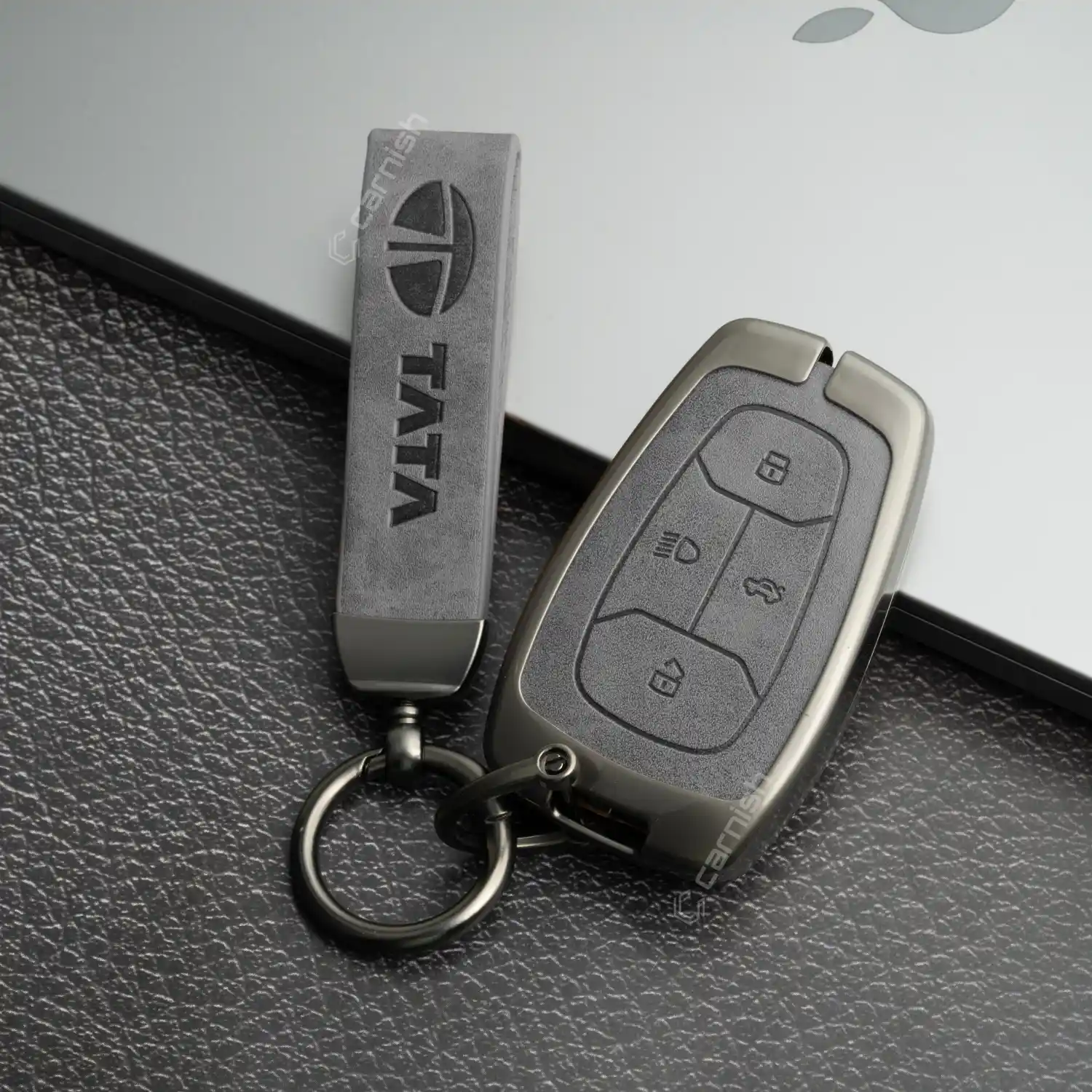 Metal Leather Grey Car Key Cover For Tata: Nexon, Harrier, Tigor BS6, Tigor EV, Safari 2021, Altroz, Safari Gold, Gravitas, Punch 4 button smart key
