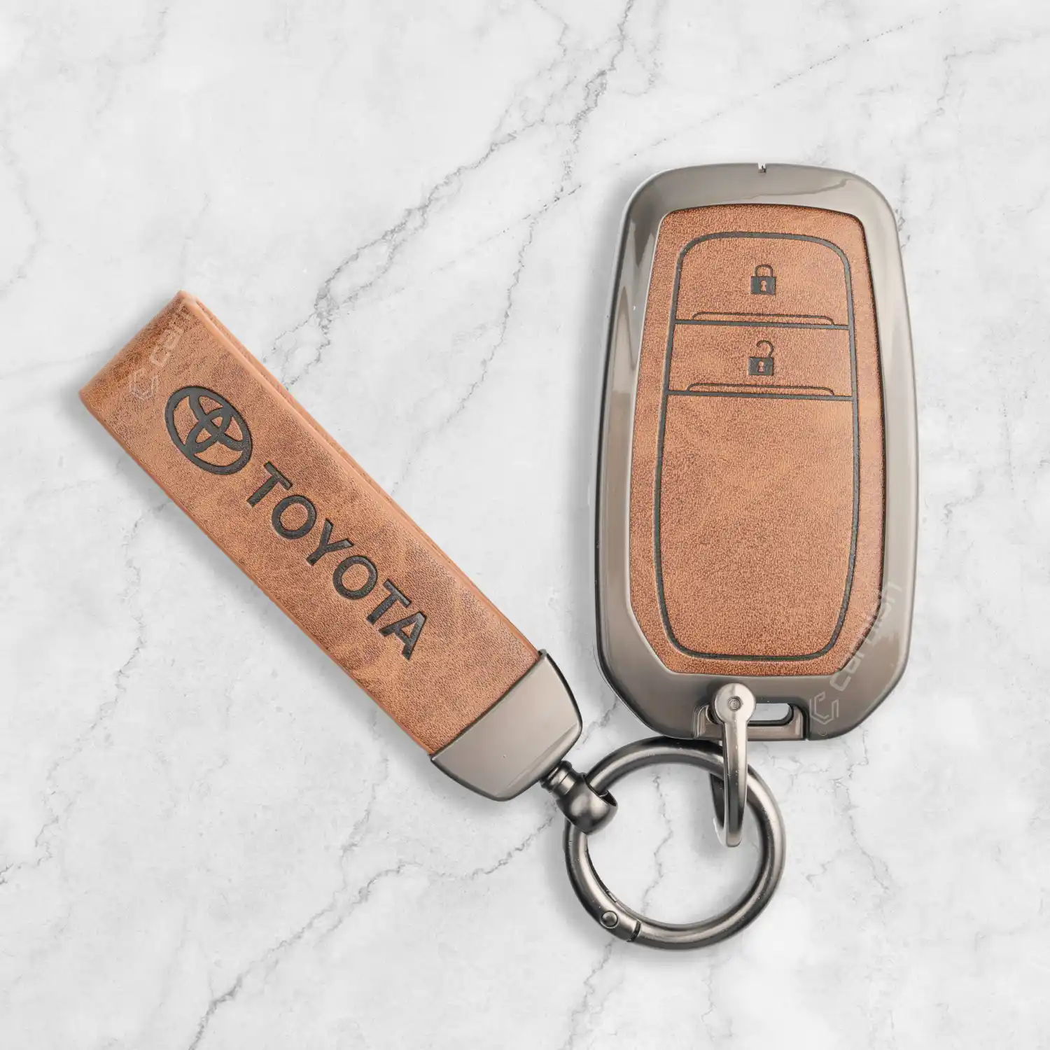 Metal Leather Brown Key Cover For Toyota: Innova Crysta, Innova HyCross, Hilux 2 button smart key.
