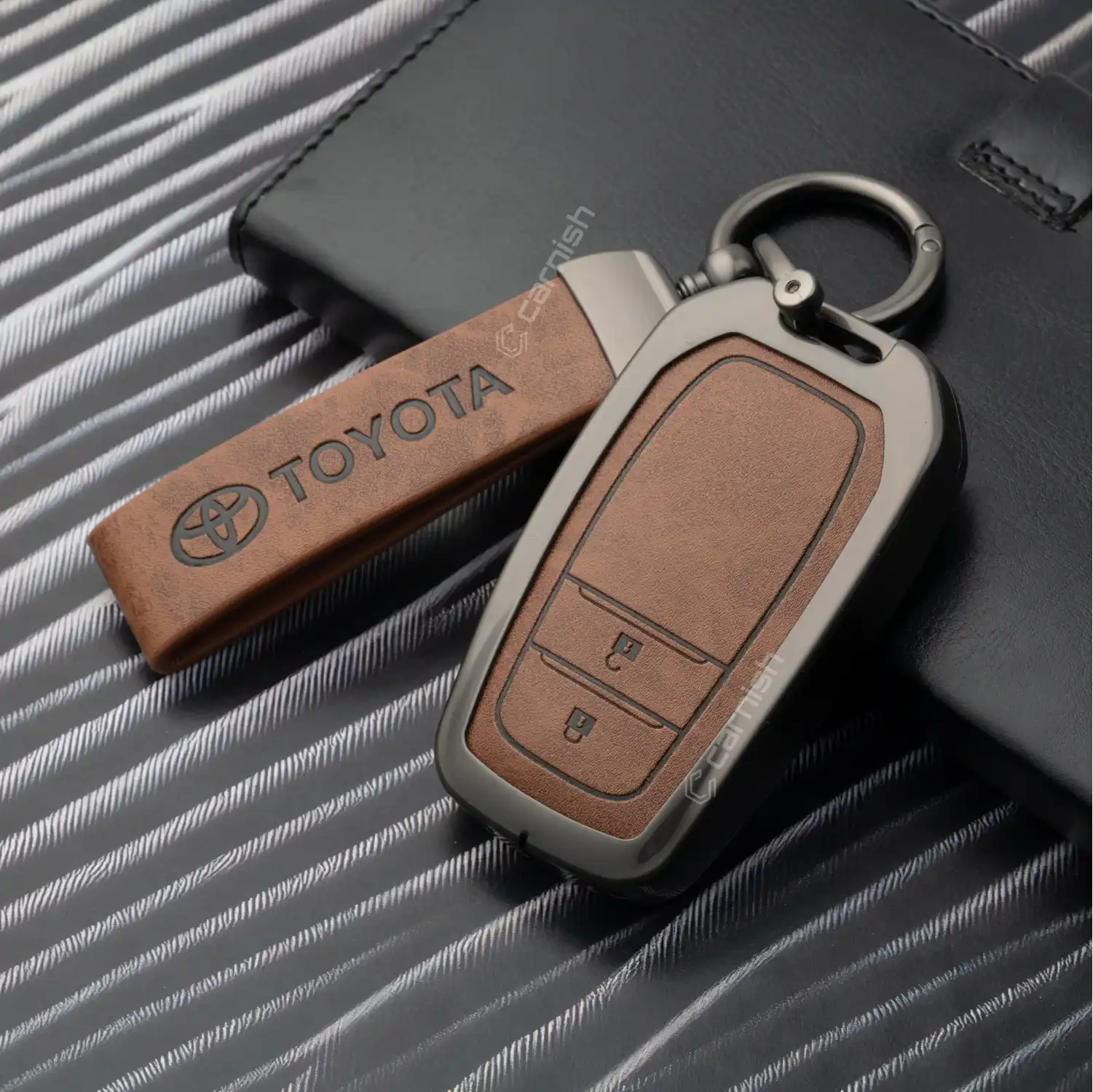 Metal Leather Brown Key Cover For Toyota: Innova Crysta, Innova HyCross, Hilux 2 button smart key.