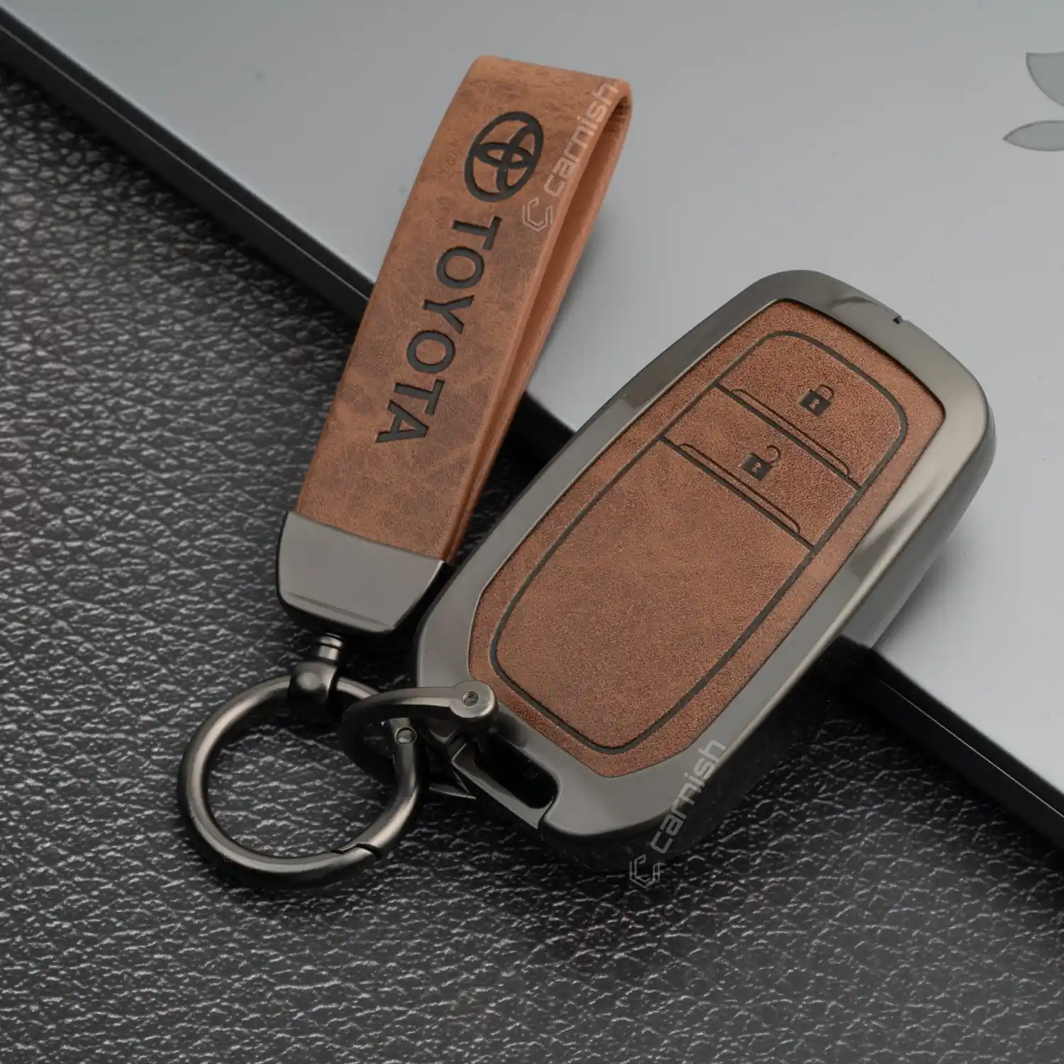 Metal Leather Brown Key Cover For Toyota: Innova Crysta, Innova HyCross, Hilux 2 button smart key.