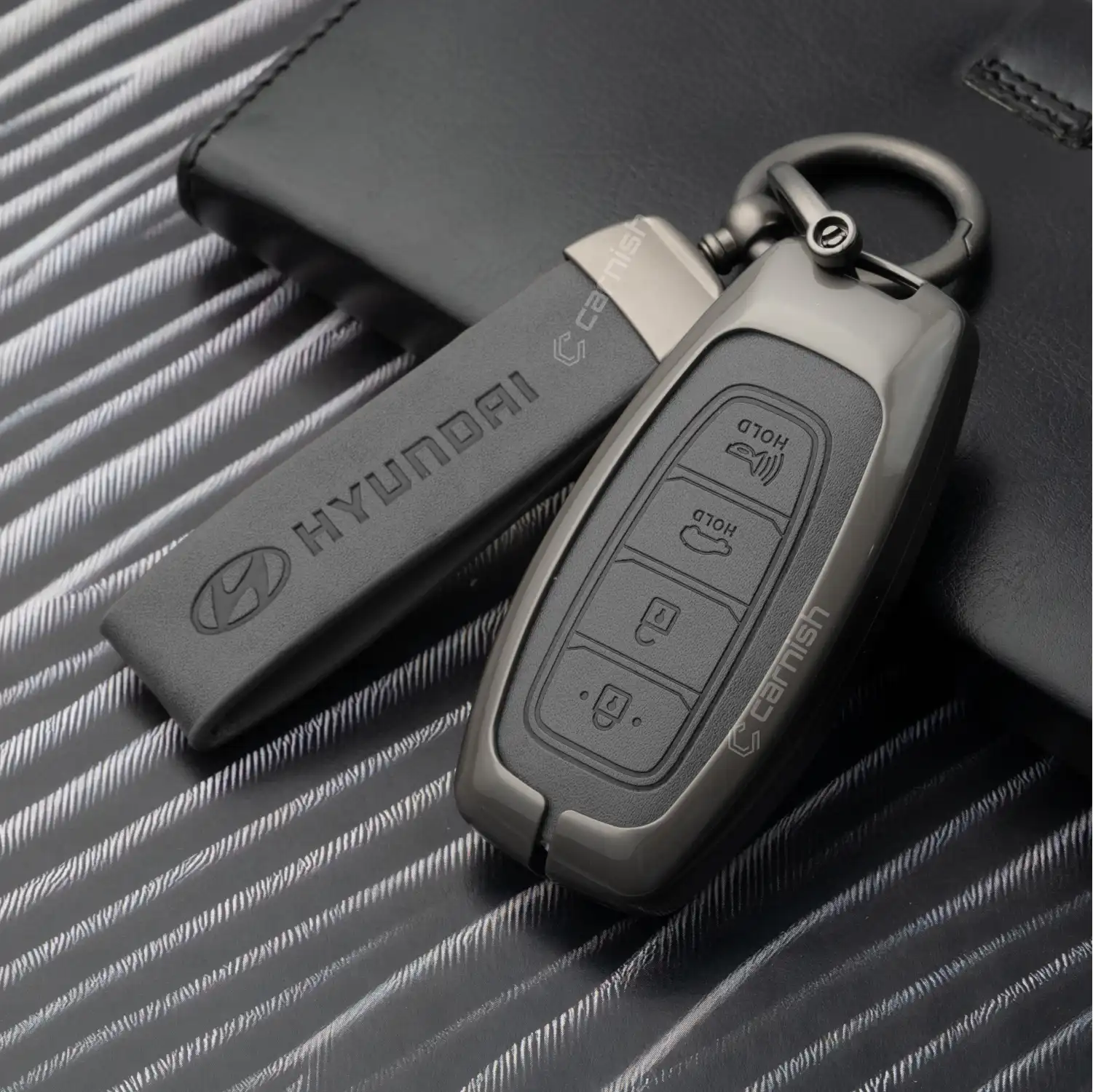 Metal Leather Grey Car Key Cover For Hyundai: Verna 2020 4 button smart key - HY10 MTL GREY 04