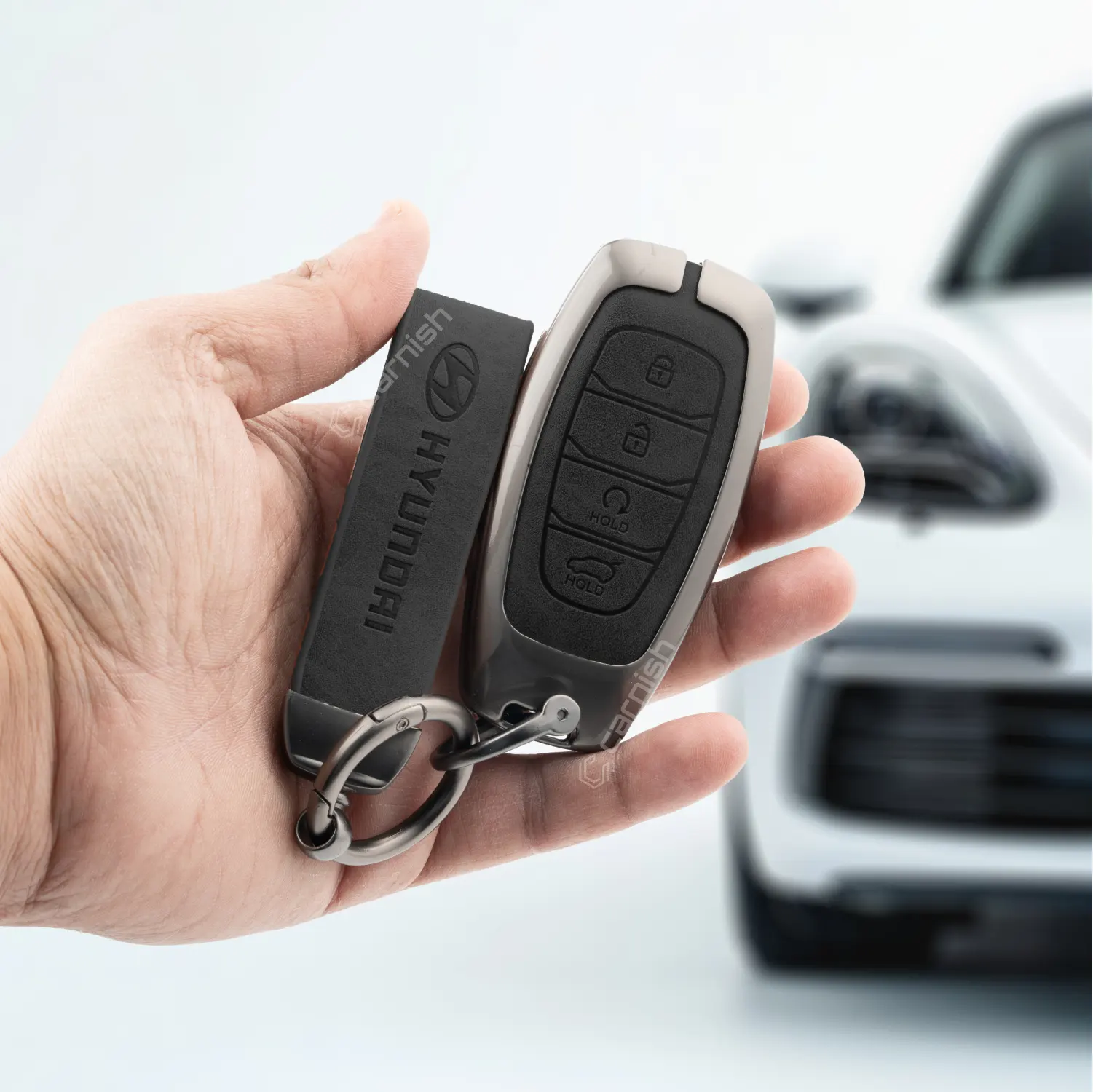Metal Leather Black Key Cover For Hyundai: i20, Verna 2023 onwards 4 button smart key