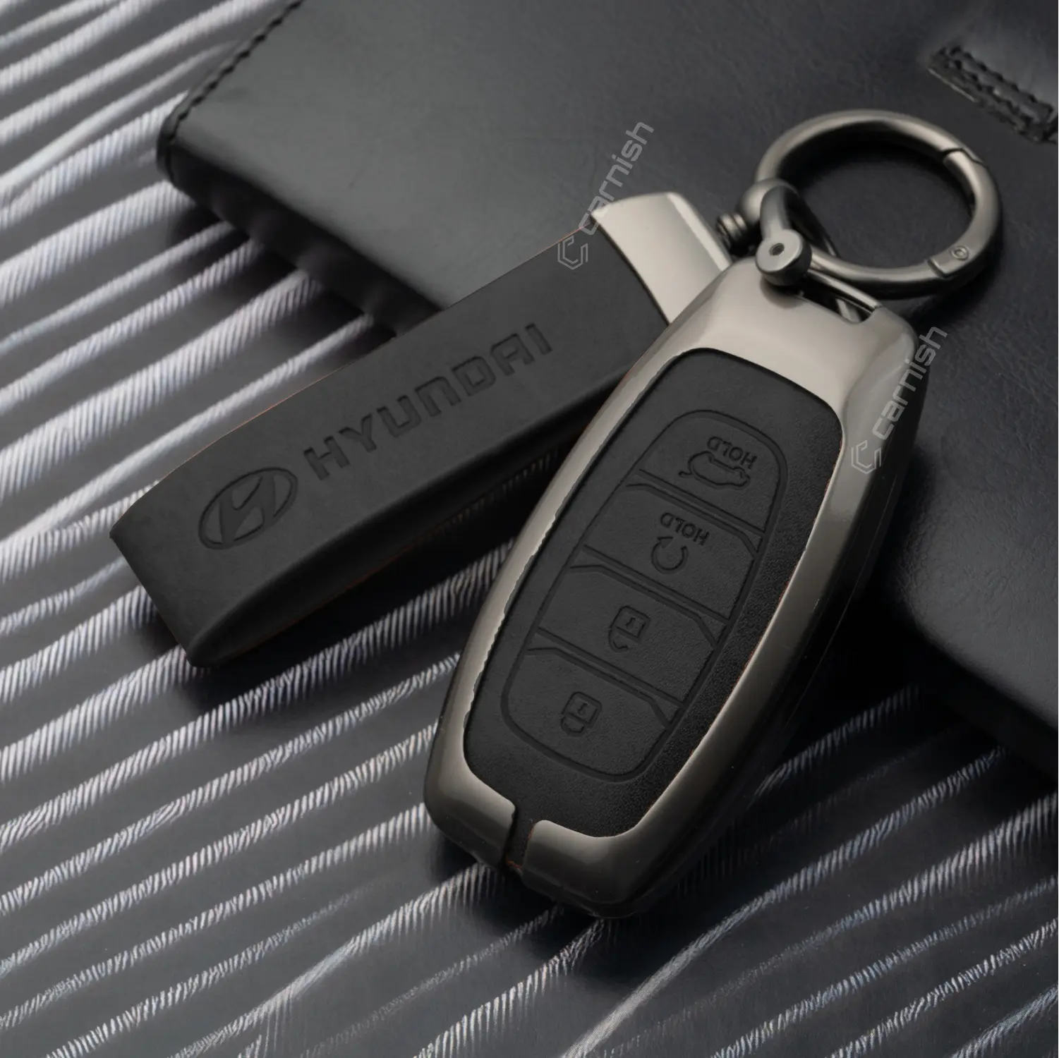 Metal Leather Black Key Cover For Hyundai: i20, Verna 2023 onwards 4 button smart key