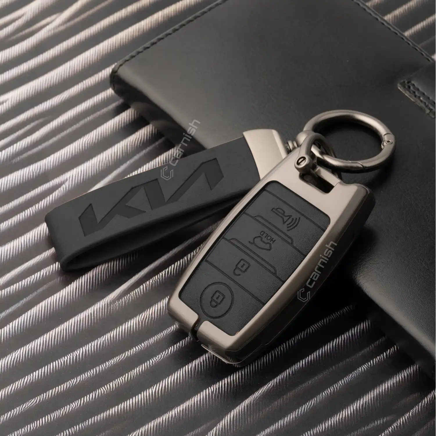 Metal Leather Black Car Key Cover For Kia: Seltos, Sonet, Carens, Carnival 4 Button Smart Key