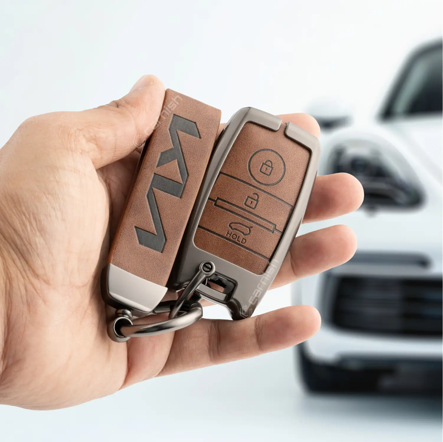 Metal Leather Brown Car Key Cover For Kia: Seltos, Sonet, Carens, Carnival Smart Key - KIA3 MTL BROWN 02