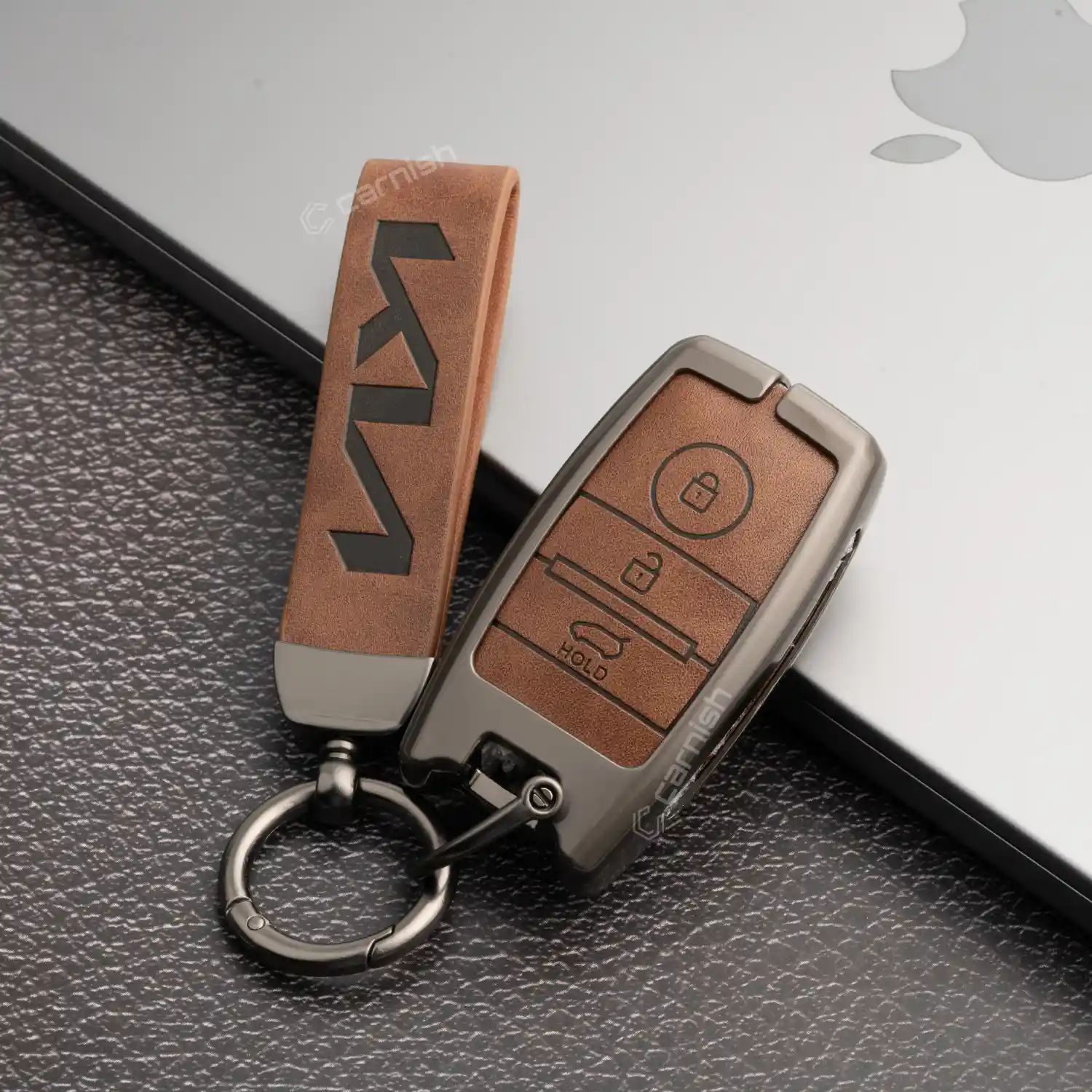 Metal Leather Brown Car Key Cover For Kia: Seltos, Sonet, Carens, Carnival Smart Key - KIA3 MTL BROWN 05