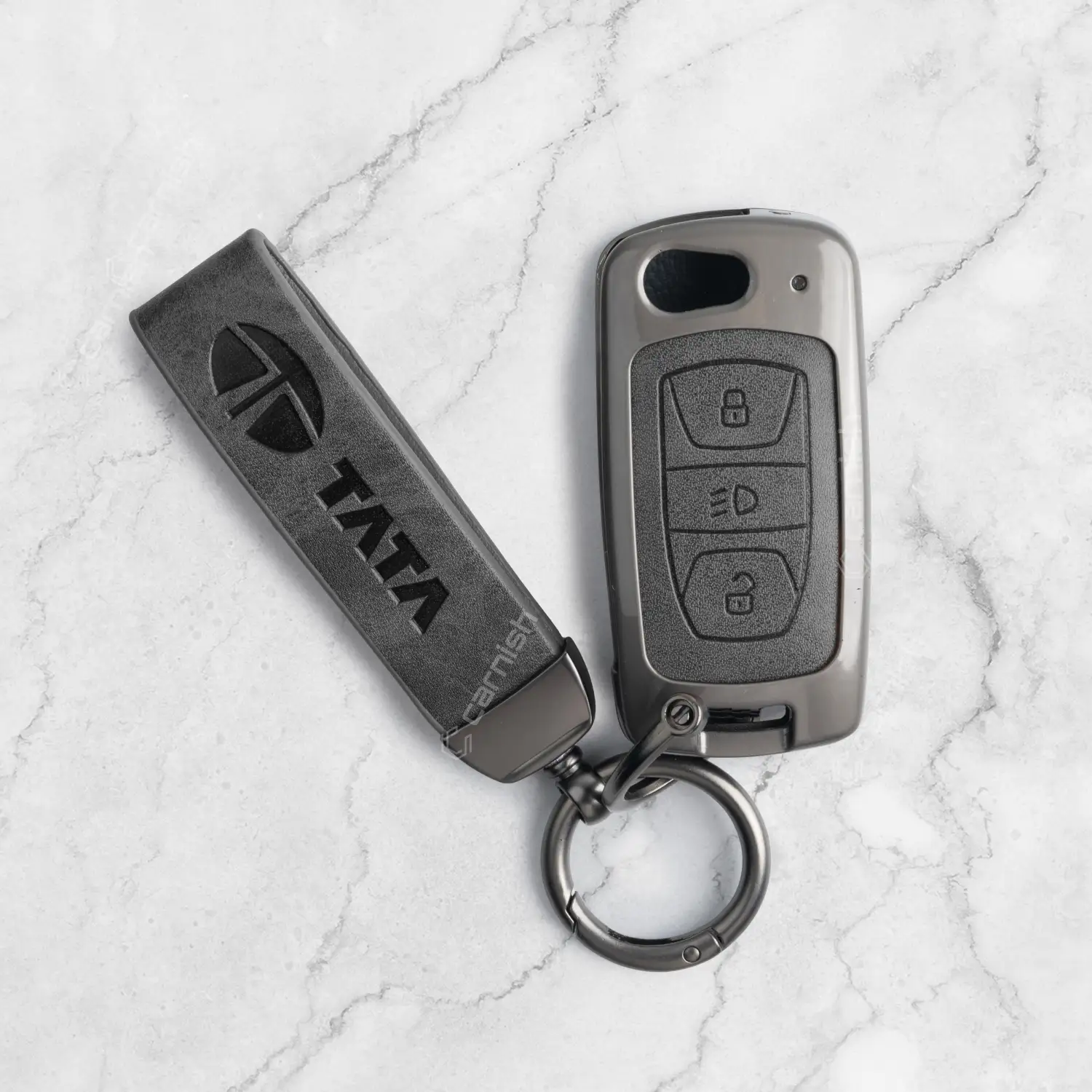 Metal Leather Grey Car Key Cover For Tata: Nexon, Harrier, Safari, Altroz, Punch, Tiago, Tigor, Zest, Bolt, Hexa 2 button Flip Key