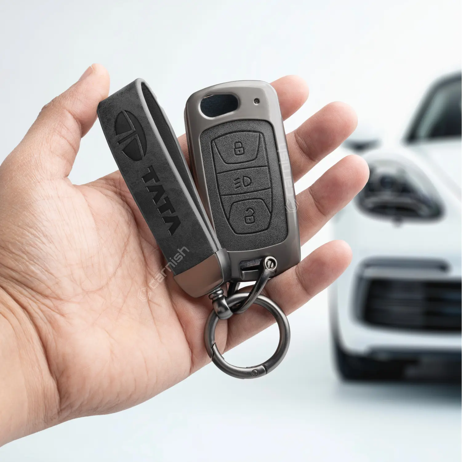 Metal Leather Grey Car Key Cover For Tata: Nexon, Harrier, Safari, Altroz, Punch, Tiago, Tigor, Zest, Bolt, Hexa 2 button Flip Key
