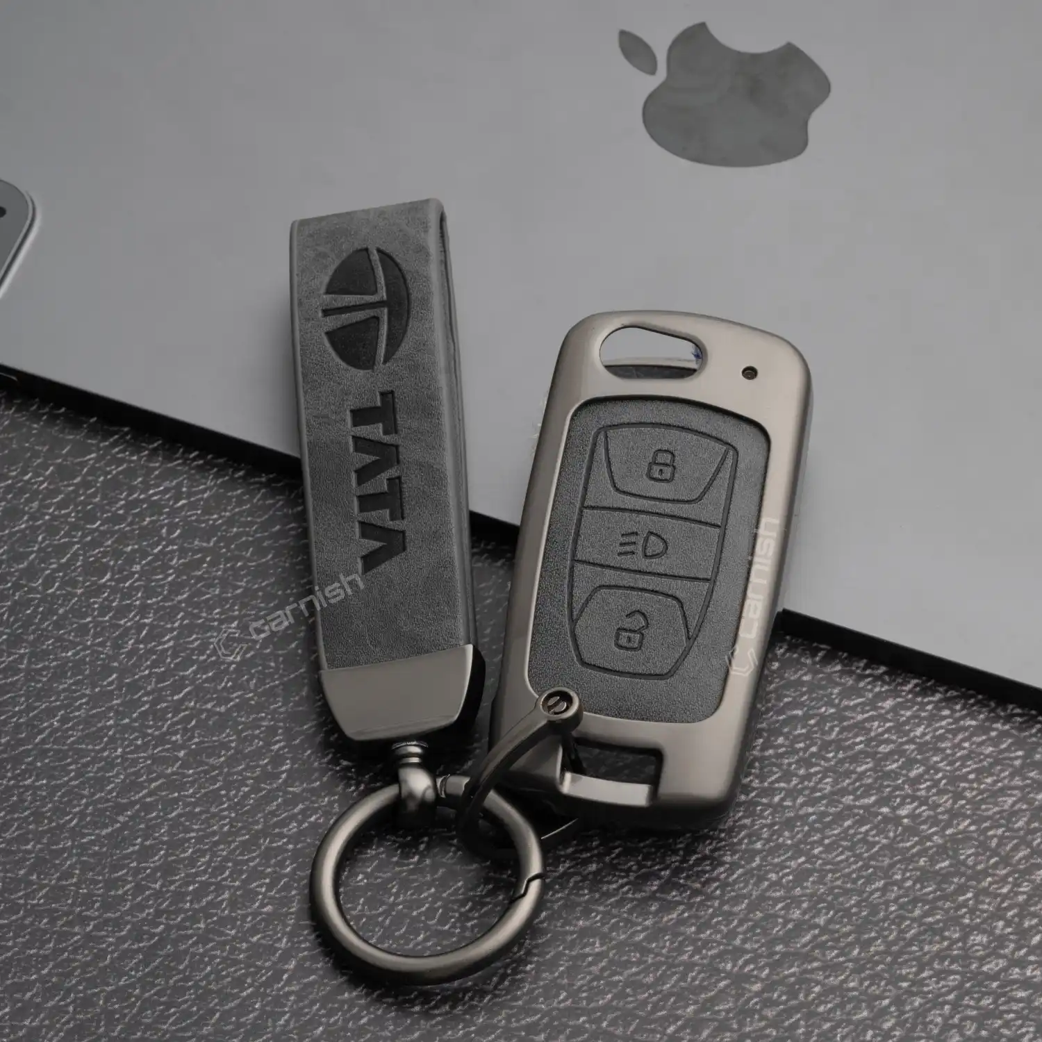 Metal Leather Grey Car Key Cover For Tata: Nexon, Harrier, Safari, Altroz, Punch, Tiago, Tigor, Zest, Bolt, Hexa 2 button Flip Key