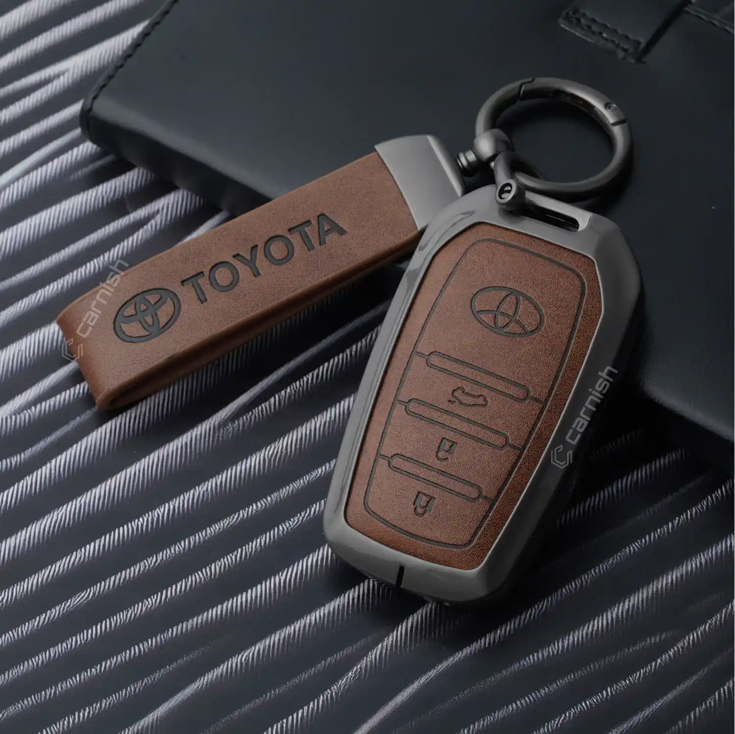 Metal Leather Brown Key Cover For Toyota: Innova, Fortuner, Legender, Land Cruiser, 3 button smart key.