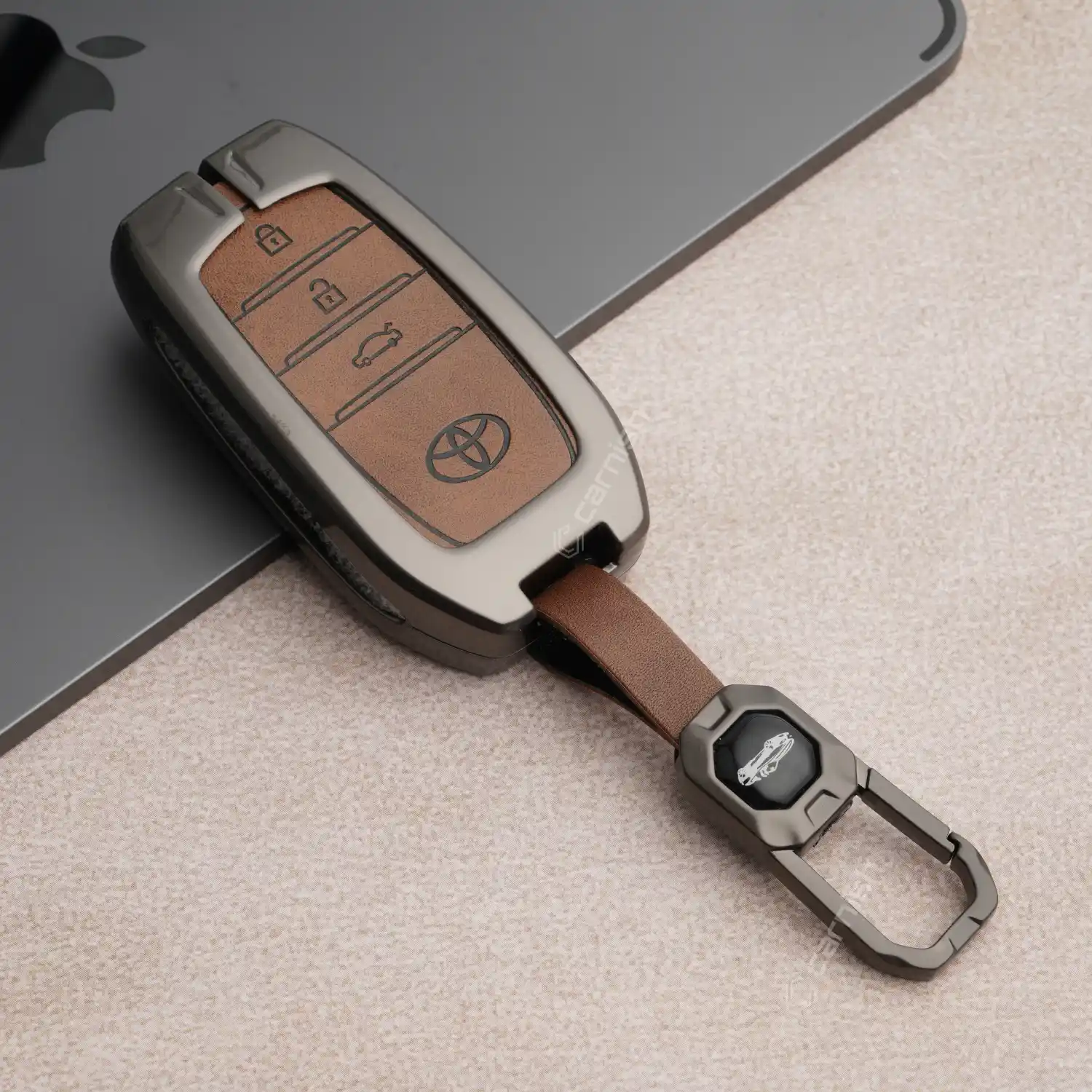 Metal Leather Brown Car Key Cover For Toyota: Innova, Fortuner, Legender, Land Cruiser, 3 button smart key.