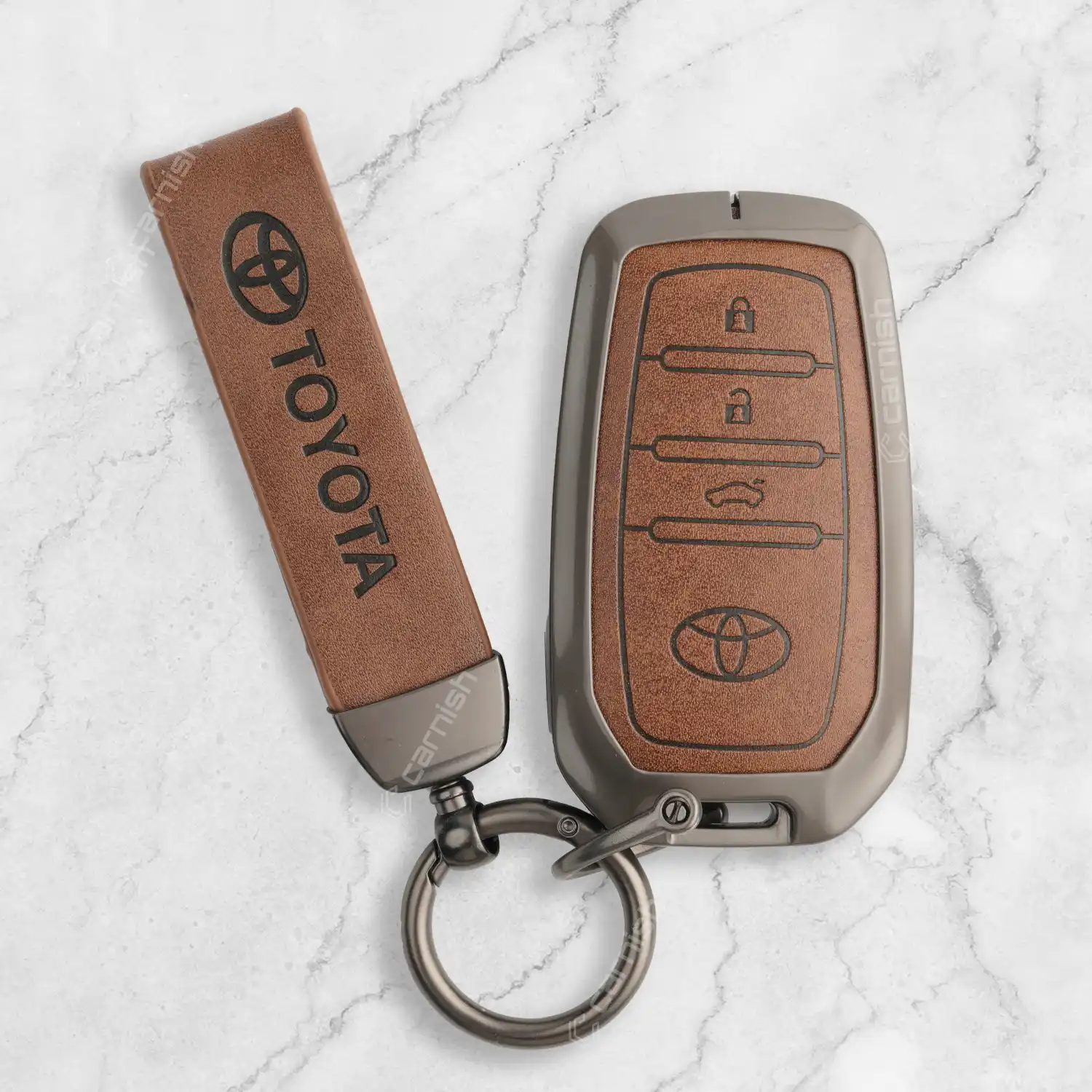 Metal Leather Brown Key Cover For Toyota: Innova, Fortuner, Legender, Land Cruiser, 3 button smart key.