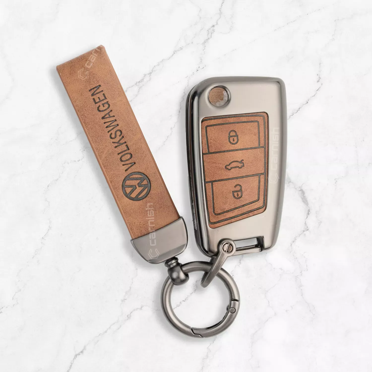 Metal Leather Brown Car Key Cover For Volkswagen Virtus, Tiguan, T-Roc, Taigun, Jetta, Octavia, Karoq, Superb, Kodiaq, Slavia Flip Key