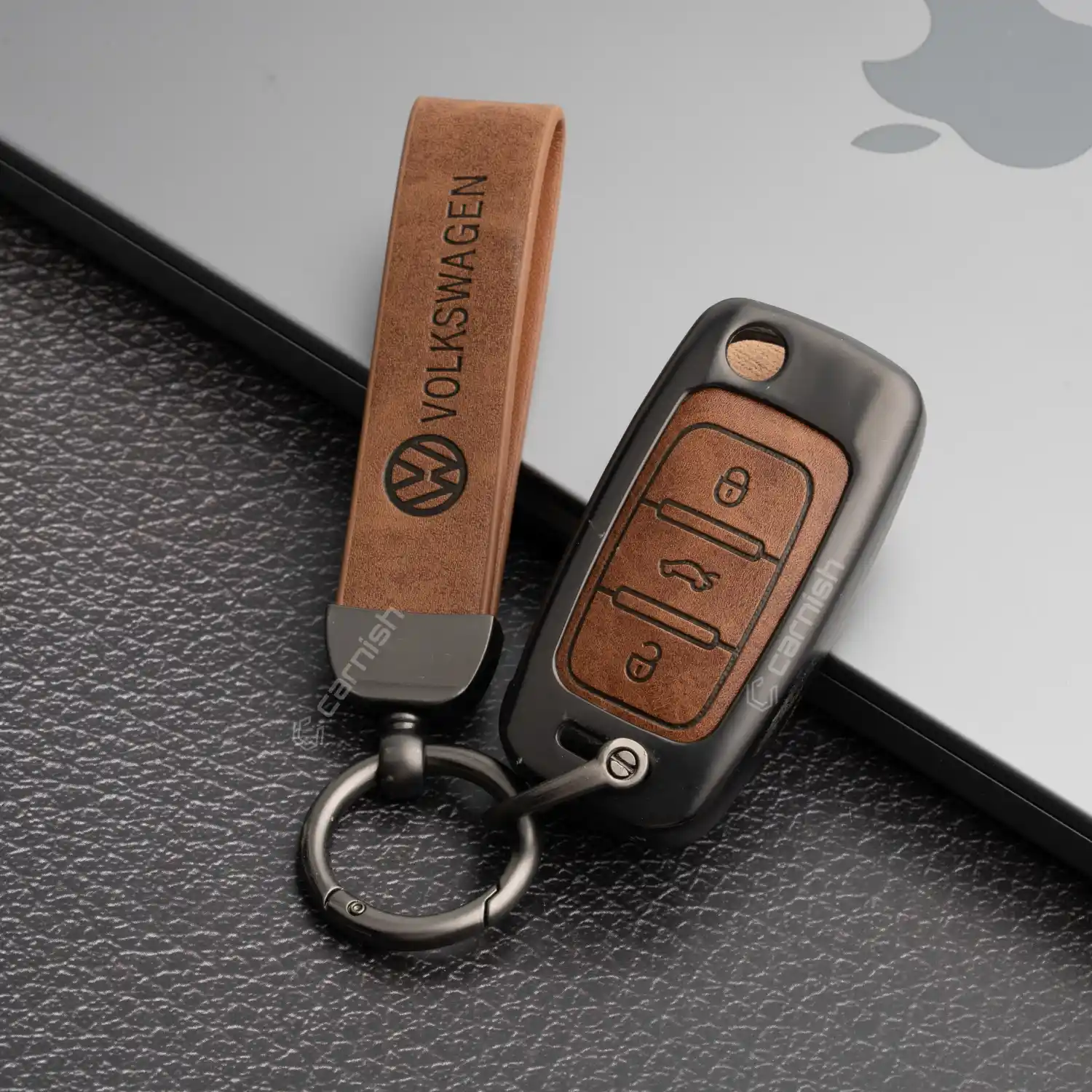 Metal Leather Brown Car Key Cover For Volkswagen Virtus, Tiguan, T-Roc, Taigun, Jetta, Octavia, Karoq, Superb, Kodiaq, Slavia Flip Key
