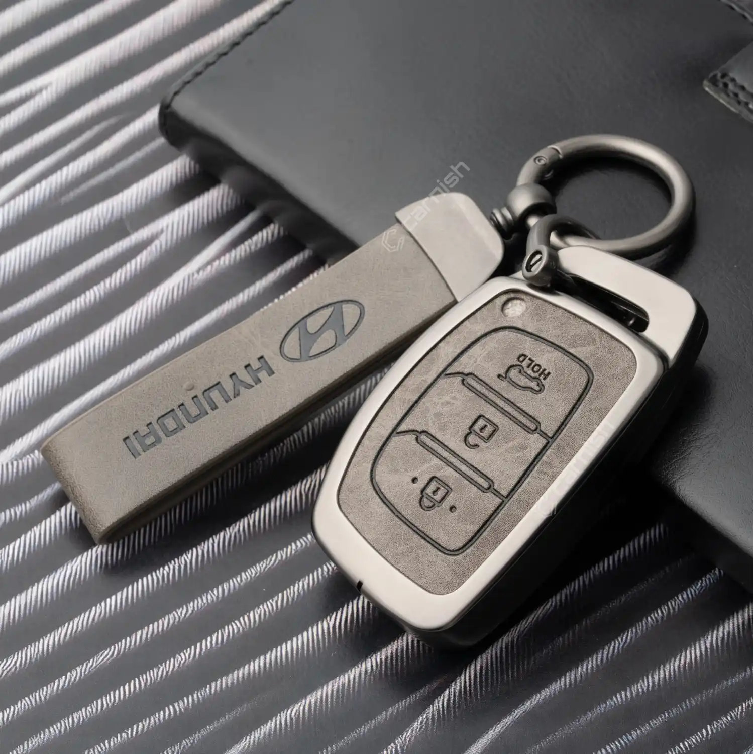 Metal Leather Grey Car Key Cover For Hyundai: i20, Creta, Venue, Tucson, Alcazar, Verna, Xcent, Aura, Elantra 3 button smart key