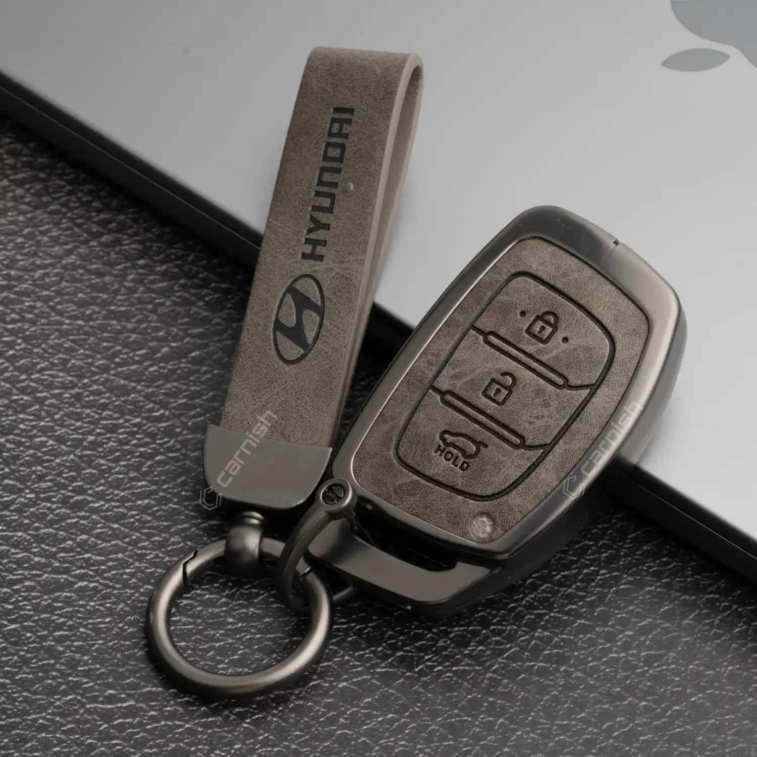Metal Leather Grey Car Key Cover For Hyundai: i20, Creta, Venue, Tucson, Alcazar, Verna, Xcent, Aura, Elantra 3 button smart key